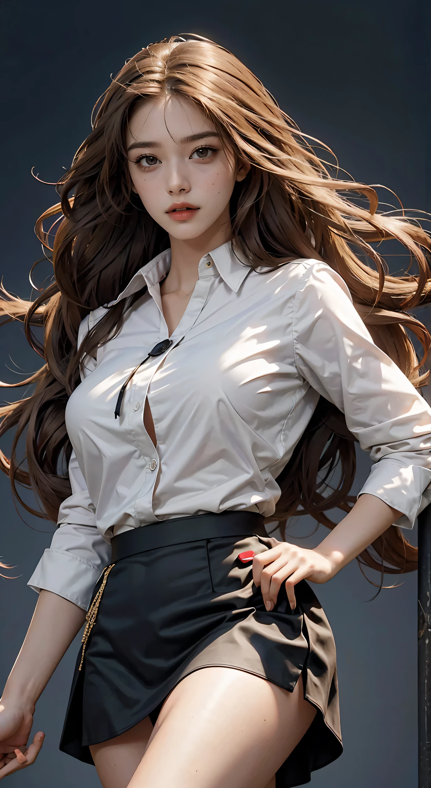 Photorealistic, high resolution, 1 Women, Solo, Hips up, view the viewer, (Detailed face), light brown long hair, Long hair, Secretary uniform, short tight skirt , plain formal shirt.