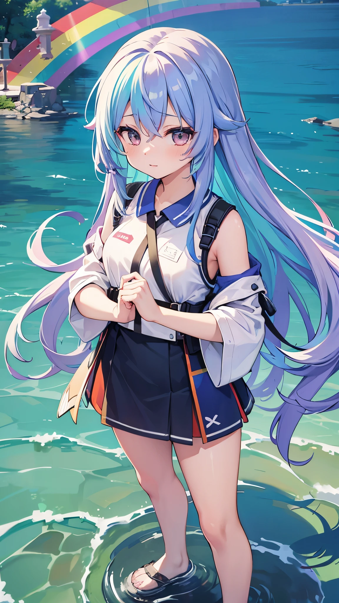 yuumei, high quality, High resolution, extreme details, masterpiece, one girl, rainbow colored hair, Standing in the lake