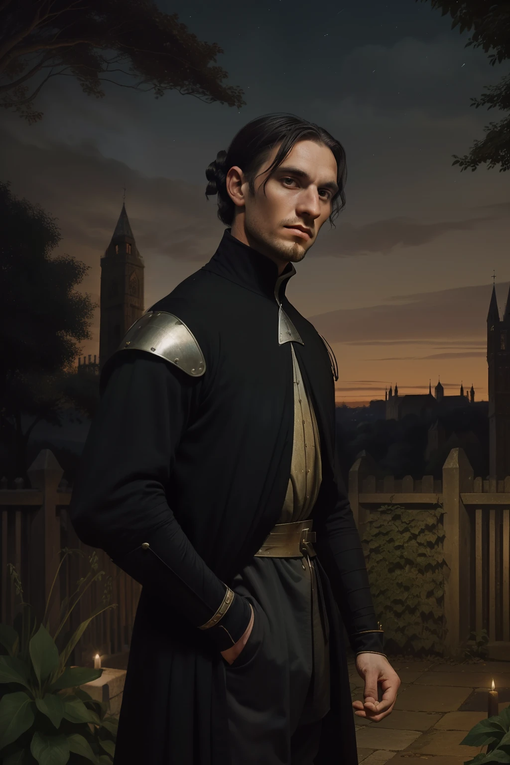 England, 1349. A young ((((32-year-old)) Ralph Fitzgerald)), intense eyes, ambitious, tall, athletic, sneaking into a garden, at ((nighttime)), ((evil plotting expression)). ((((clothings from the 1340s)))), ((dark hairstyle of the 1340s))