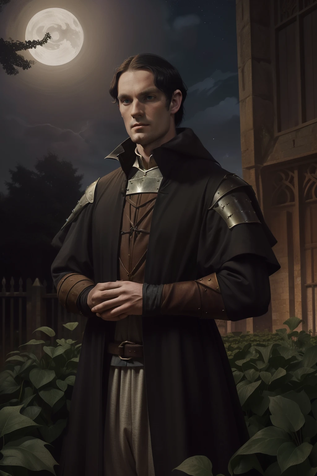 England, 1349. A young ((((32-year-old)) Ralph Fitzgerald)), intense eyes, ambitious, tall, athletic, sneaking into a garden, at ((nighttime)), ((evil plotting expression)). ((((clothings from the 1340s)))), ((dark hairstyle of the 1340s))