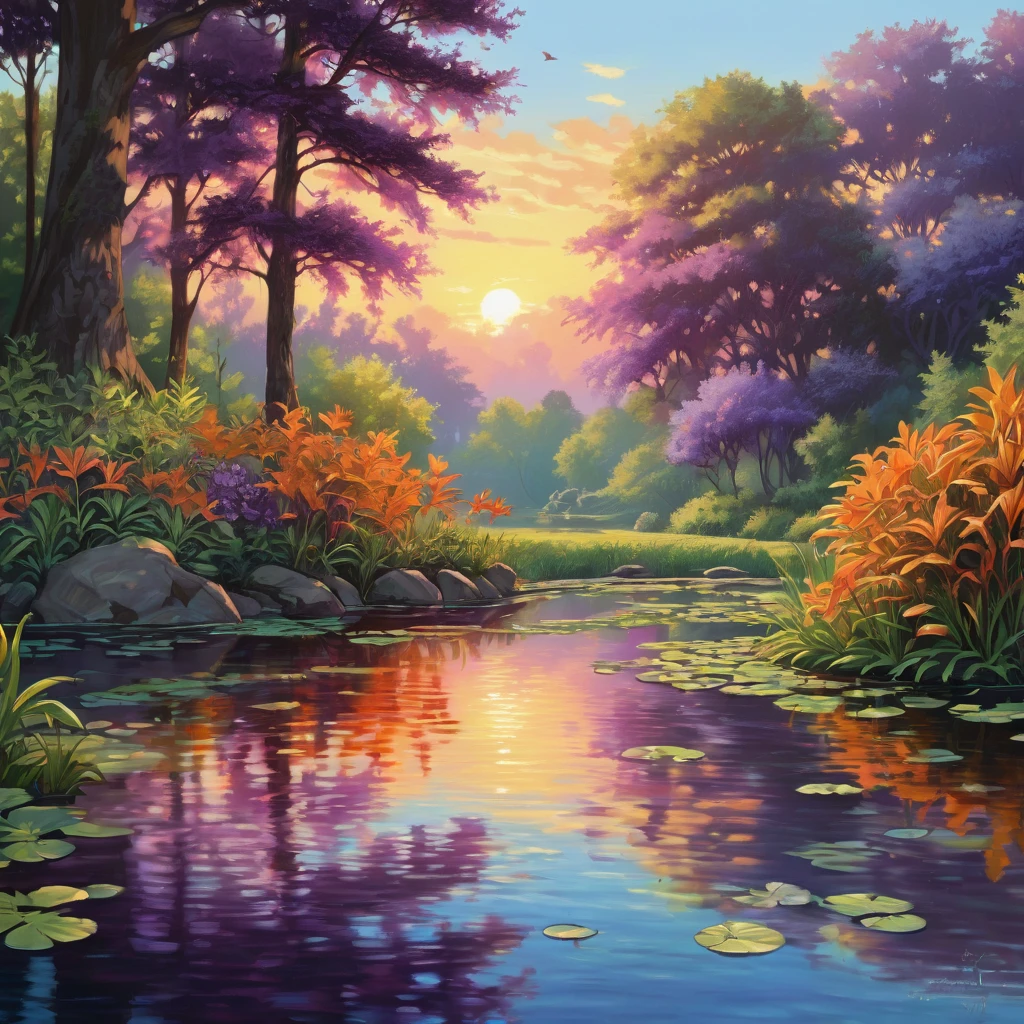 Evening Pond, aesthetic, A tranquil evening scene of a pond surrounded by lush vegetation, reflecting the warm glow of the setting sun on its calm surface. The medium used to create this artwork is oil painting, providing a rich and textured appearance. The pond is filled with crystal-clear water, allowing the details of the aquatic plants and colorful fish to be visible beneath the surface. The soft, golden light of the setting sun bathes the scene, creating a serene and peaceful atmosphere. The colors used in this artwork are warm and vibrant, with shades of orange, pink, and purple dominating the palette. The lighting in the scene is gentle, with the sunlight filtering through the trees and casting elegant shadows on the water's edge. The overall image quality of this artwork is of high resolution, delivering stunning details that captivate the viewer's attention.
