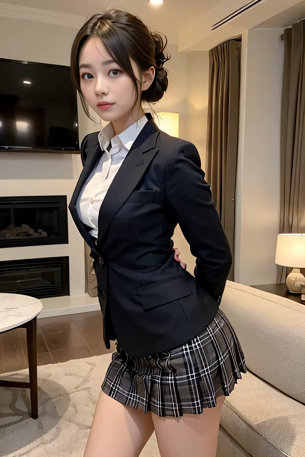 ((masterpiece:1.4))、((muste piece:1.4))、Woman with light brown single hair in a bun、((living room:1.4))、Standing in a hotel bedroom wearing a short black pleated skirt、very sexy costume, wearing a strict suit、Stylish and gorgeous cosplay, sexy costume, wearing a fashion suit, wearing a black suit, dressed properly、wearing a tight black suit, sexy look, suit、wearing a black suit、wearing a black suit、((confused look:1.4))、