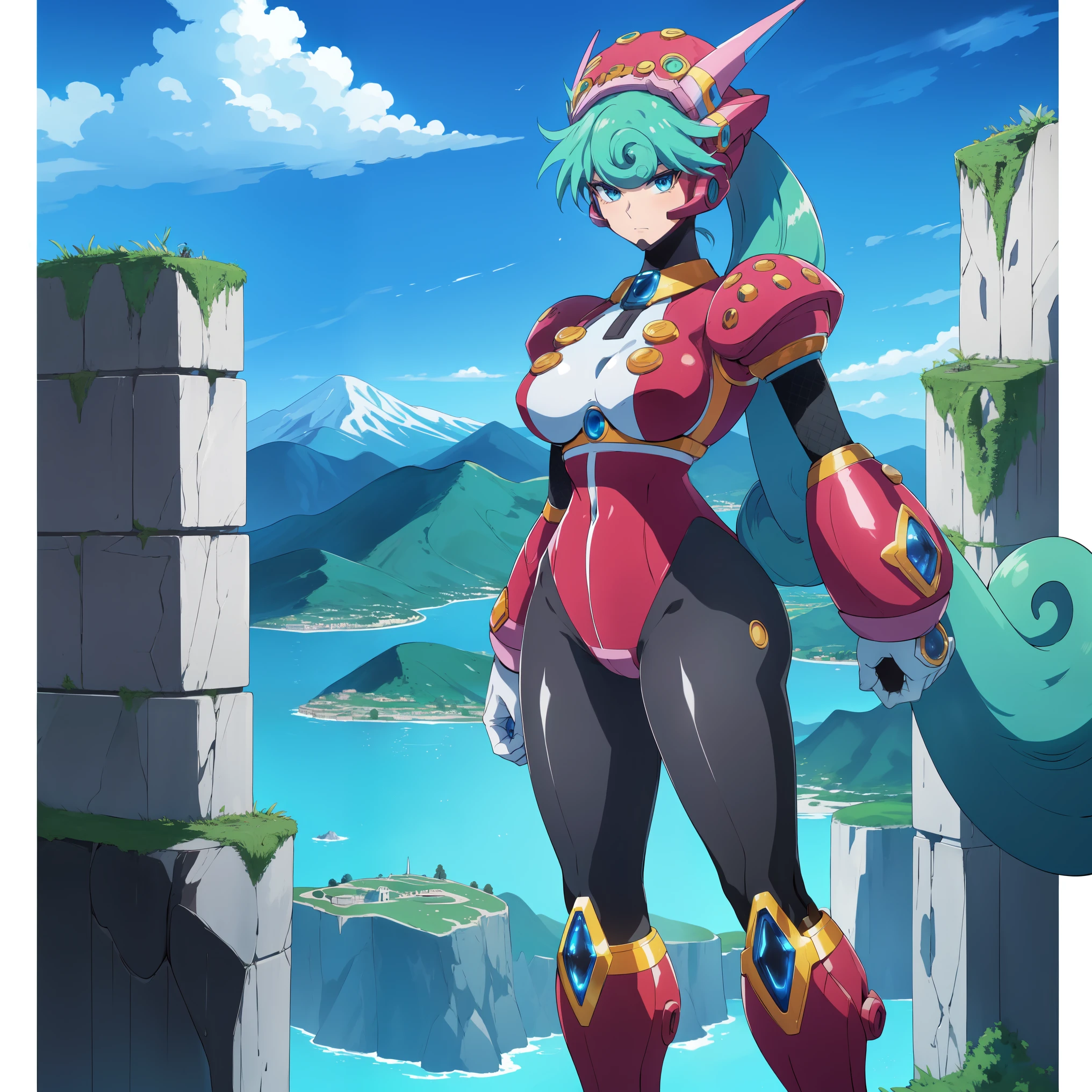 marino_megamanx, 1girl, green hair, blue eyes, ponytail, detailed face, breasts, high quality, masterpiece, standing on a hill with mountains around him, in the style of anime art, imposing monumentality, translucent immersion, grandeur of scale, i can't believe how beautiful this is, light black and azure, grandiose ruins