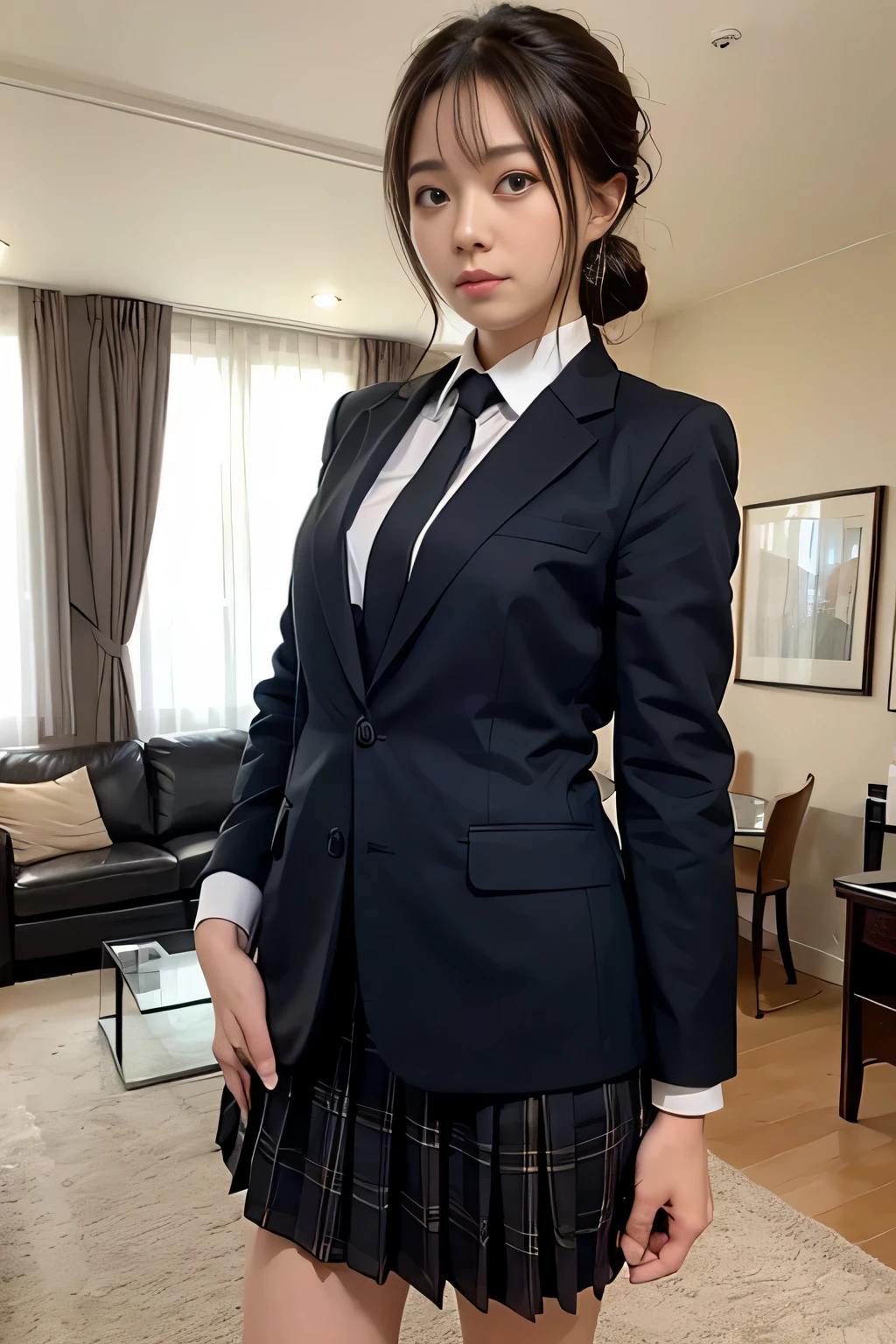 ((masterpiece:1.4))、((muste piece:1.4))、Woman with light brown single hair in a bun、((living room:1.4))、Standing in a hotel bedroom wearing a short black pleated skirt、very sexy costume, wearing a strict suit、Stylish and gorgeous cosplay, sexy costume, wearing a fashion suit, wearing a black suit, dressed properly、wearing a tight black suit, sexy look, suit、wearing a black suit、wearing a black suit、((confused look:1.4))、