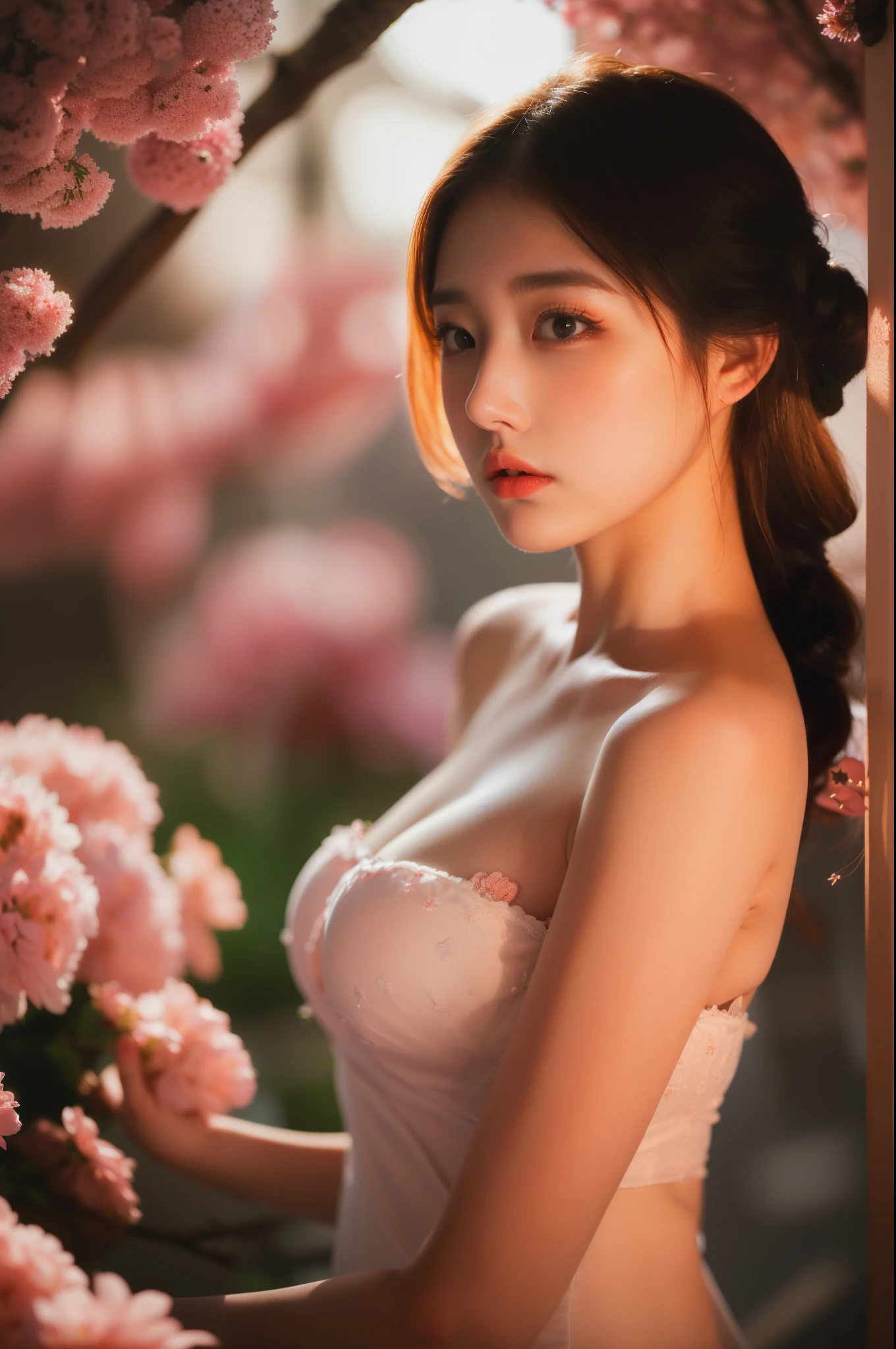 han dynasty,pink flowers,(bare shoulders:0.85),(boobs naked:0.55),(Glowing ambiance, enchanting radiance, luminous lighting, ethereal atmosphere, mesmerizing glow, evocative hues, captivating coloration, dramatic lighting, enchanting aura),1girl,masterpiece,best quality,1girl,
(upper body:1.2),((nipples:0.55)),(1 Chinese patterns in the middle of the girl's forehead),girl with a weak temperament,
epic cinematic,soft nature lights,rim light,absurd,amazing,funny,itricate,hyper detailed,ultra realistic,soft colors,
white flower,