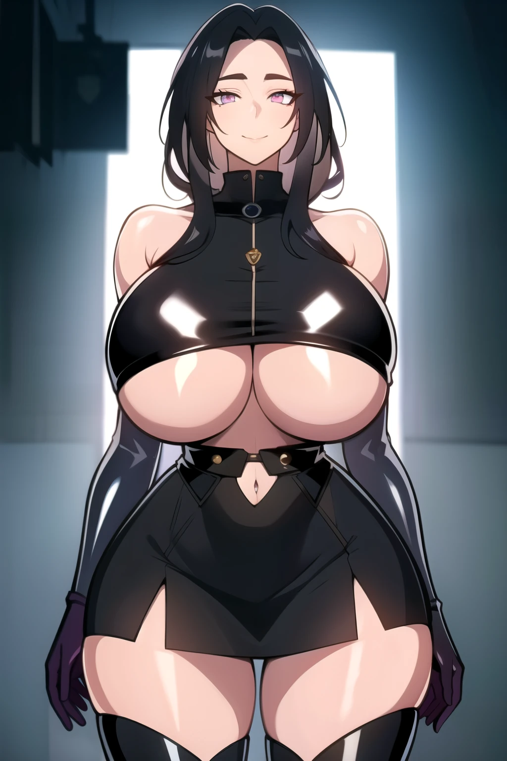 masterpiece, best quality, absurdres, 8k, perfect shadows,perfect lighting,hdr, cowboy shot,shiny skin,skindentation, beautiful body, kafka, ((black hair: 1.4)), long hair, (carmine eyes: 1.4),  ((black crop top : 1.1), (underboob : 1.1), elbow gloves, thigh boots, split skirt, bare shoulders, curvy, midriff, curvy, thighs, higheels, shiny clothes), complex detailed background, inside, luxury palace) (gigantic breasts,hourglass body, thin waist,very slim waist)extremely detailed face,detailed eye makeup, detail face, nice detailed eyes,nice hands, perfect hands (realistic pupils,realistic iris:1) heavy eye makeup,glowing eyes, Bright eyes,standing,standing at attention,(seductive smile), (gigantic breasts: 1.1) , curvy, cowboy shot, 