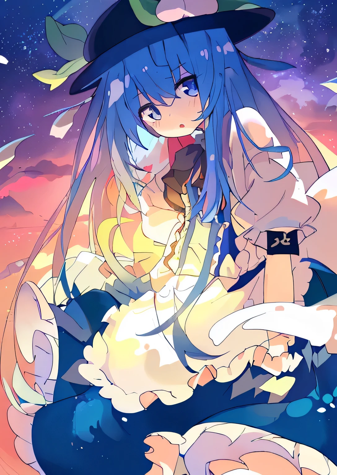 (masterpiece),best quality, expressive eyes, perfect face, 1girl,
 hands on waist,beautiful, gorgeous,anime,girl,lora,hinanawi tenshi, blue hair, blue haired, floating clothes,waist grab, grabbing waist, mains sur les hanches , hands on hips,flat chest
