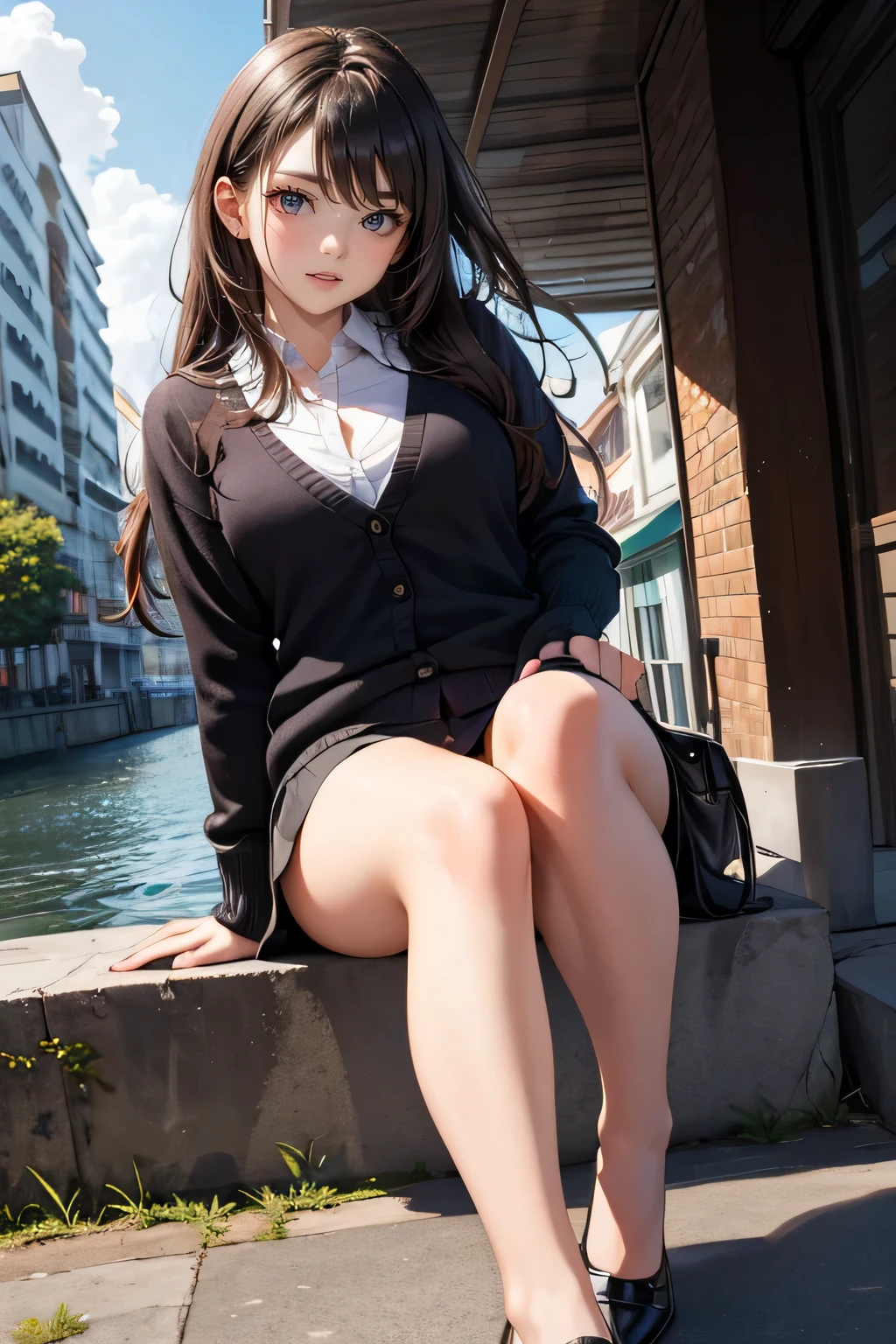 clear, high-definition image, drooping eyes, a receptionist woman, eyes realistic sizing, round body, cardigan, the wind brows up her miniskirt, windy, legs, big sky, ground, dark hour of down, whole body image, angle from below, posing, sitting stone bollard, lick gelato, cream on the nose, along the river, buildings, big chest, open legs a little,