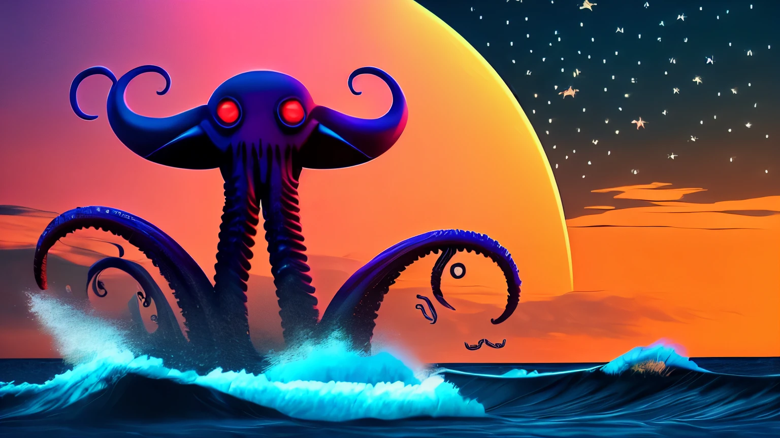 The scene depicts an ocean with soaring, sparkling waves under a sunset sky painted with intense shades of orange and pink, criando uma atmosfera estranha. Dark, ominous clouds hang over the horizon.
In the midst of this ominous scenario, Um monstro sinistro e misterioso emerge das profundezas do oceano. Its colors are deep and dark, giving him a presence of foreboding. The monster's eyes emit a menacing glow, and long black tentacles extend around him, highlighting his terrifying appearance.
in sky, um disco voador futurista e iluminado aparece de repente. Its metallic colors shine brightly against the dark sky, adding a touch of wonder and mystery to the scene. O disco voador parece pairar no ar, observando o monstro e os arredores.
The overall ambience is eerily captivating, attracting you to this unique and imaginative setting.
I hope you like the image description! If there's anything else you'd like to add or tweak, just let me know. I'm here to make this creative experience even more special. 🌅🌊👽🦑🛸