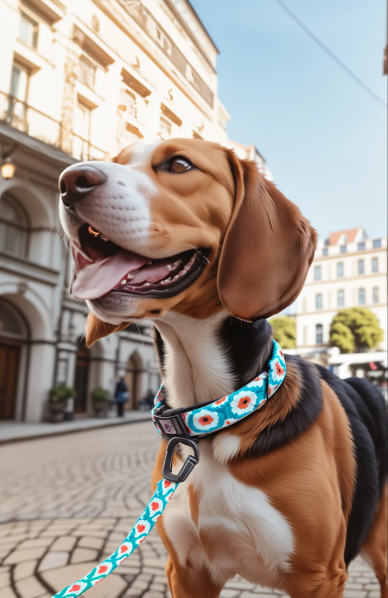 there is a dog that is standing on a leash on the street, cute beagle, Portrait shoot, Accurate and detailed, wear a collar, looks smart, flowery, features, multi-layer, animal, hairy, 超detailed!, clear details, 超detailed, shrine maiden, detailed, medium shot portrait, dog, happy dog, giggle, feature, , multi-layer