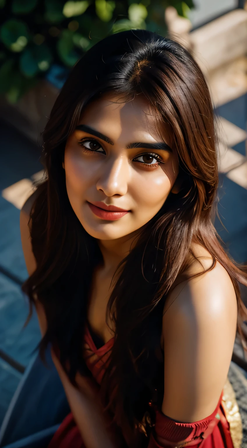 (Rhea Chakraborty:0.3), (Alia Bhatt:0.6), (Kriti Sanon:0.7), (top view photo: 1.5), (of a beautiful mature Indian college girl:1.5), (highly detailed face:1.4, smile), ((slim, flawless complexion, perfect eyes, long flowing brunet hair, skin pores texture)), (sitting on the terrace), (city background), (Ultra realistic illustration), hyper realistic, sharp focus, unreal engine, photorealistic, photo, masterpiece, realism, photorealism, high contrast, by lee jeffries, nikon d850, film stock photograph, 4 kodak portra 400, camera f1.6 lens, rich colors, hyper realistic, lifelike texture, natural lighting , cinestill 800, depth of field