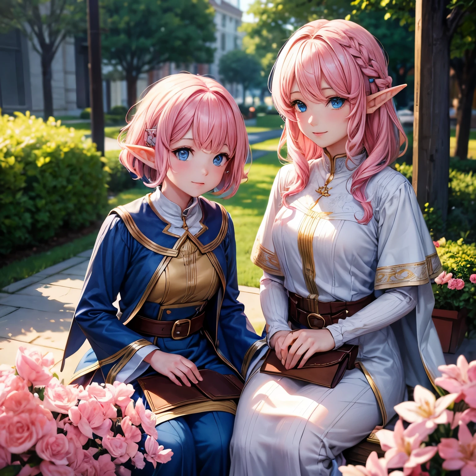 , blue eyes, short wavy hair, elf, girl, , , pink hair