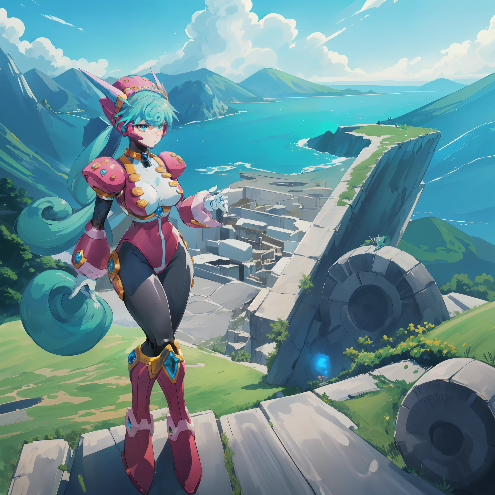 marino_megamanx, 1girl, green hair, blue eyes, ponytail, detailed face, breasts, high quality, masterpiece, standing on a hill with mountains around him, in the style of anime art, imposing monumentality, translucent immersion, grandeur of scale, i can't believe how beautiful this is, light black and azure, grandiose ruins