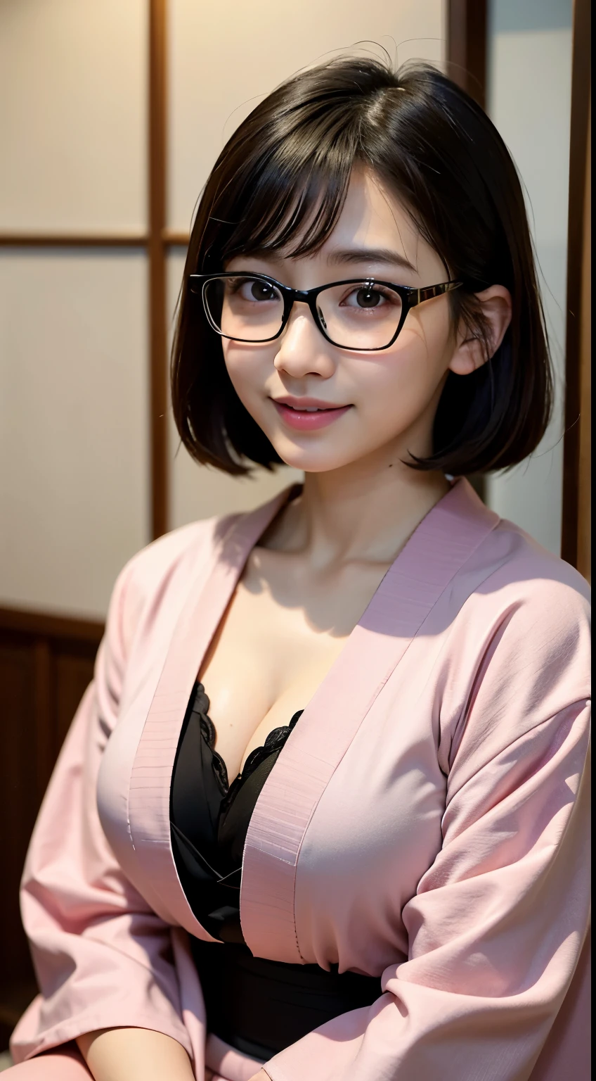 highest quality, masterpiece, ultra high resolution, (realistic:1.4), Raw photo, very detailed, perfect anatomy, 1 girl, , most popular japanese idols, Wearing a luxurious Japanese kimono and cute designed glasses, innocent smile, Sitting straight in a traditional Japanese room, Very cute baby face li#39;s most famous idol, Amazingly beautiful big black and round eyes, very beautiful realistic skin, very beautiful black hair short cut, very beautiful big breasts, Detailed luxurious Japanese kimono, Cute glasses with detailed design, detailed beautiful face, fine eyes, Detailed and realistic skin, fine black short cut hair, Traditional Japanese room with attention to detail