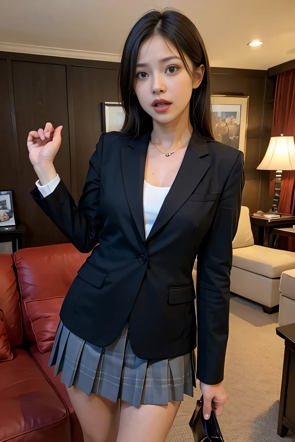 ((masterpiece:1.4))、((muste piece:1.4))、woman with long light brown hair、((living room:1.4))、Standing in a hotel bedroom wearing a short black pleated skirt、very sexy costume, wearing a strict suit、Stylish and gorgeous cosplay, sexy costume, wearing a fashion suit, wearing a black suit, dressed properly、wearing a tight black suit, sexy look, suit、wearing a black suit、wearing a black suit、((look of fear:1.4))、
