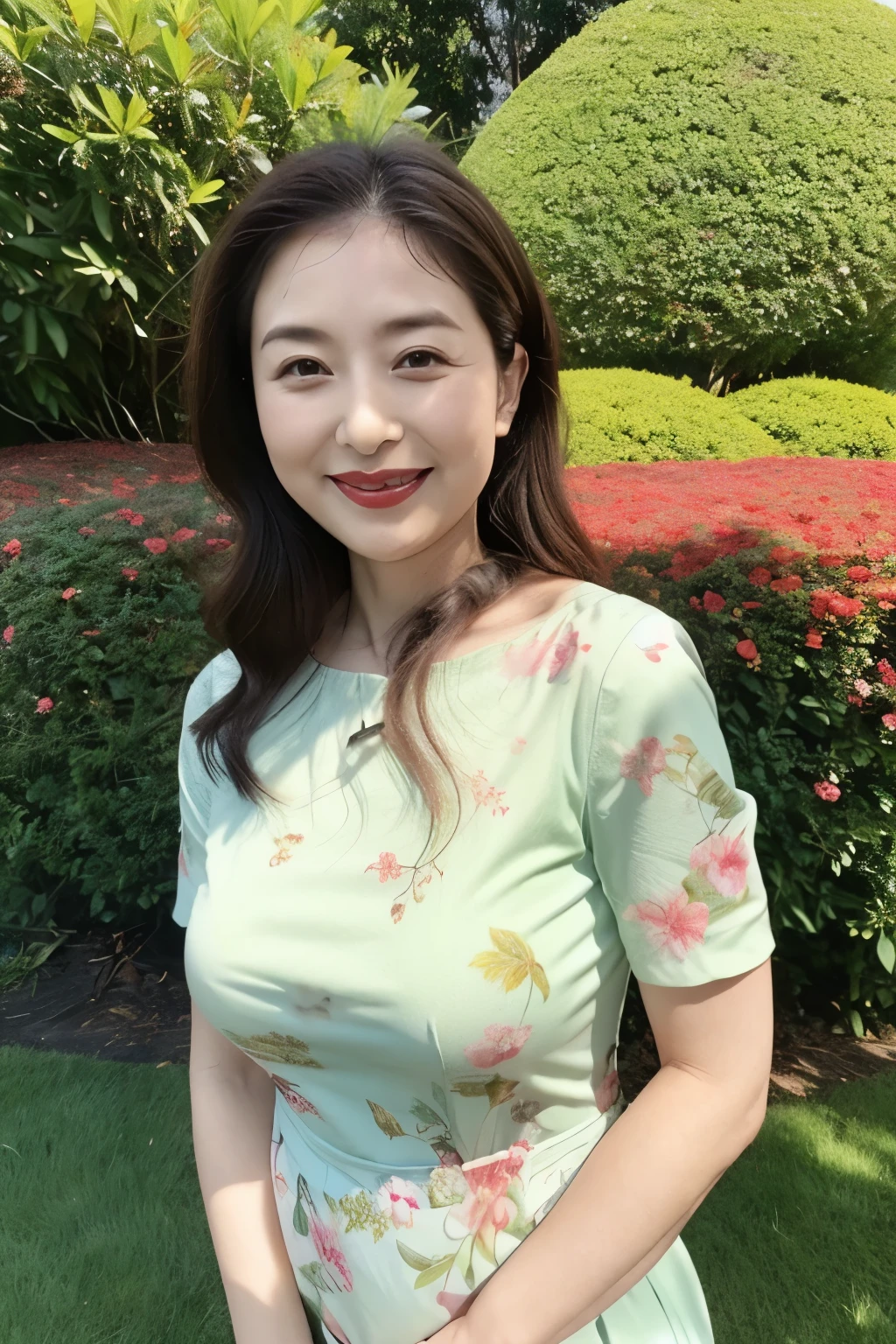 Draw lips correctly, red lipstick, from chest up, best quality, Super detailed, lifelike, Super fine skin, perfect anatomy, (1 日本Mature的女人), (alone)，Wear a floral green round neck dress，short sleeve，wavy long hair，37-year-old female，Mature，charming smile，garden background，stand，Slightly fat，medium chest，full-body shot。