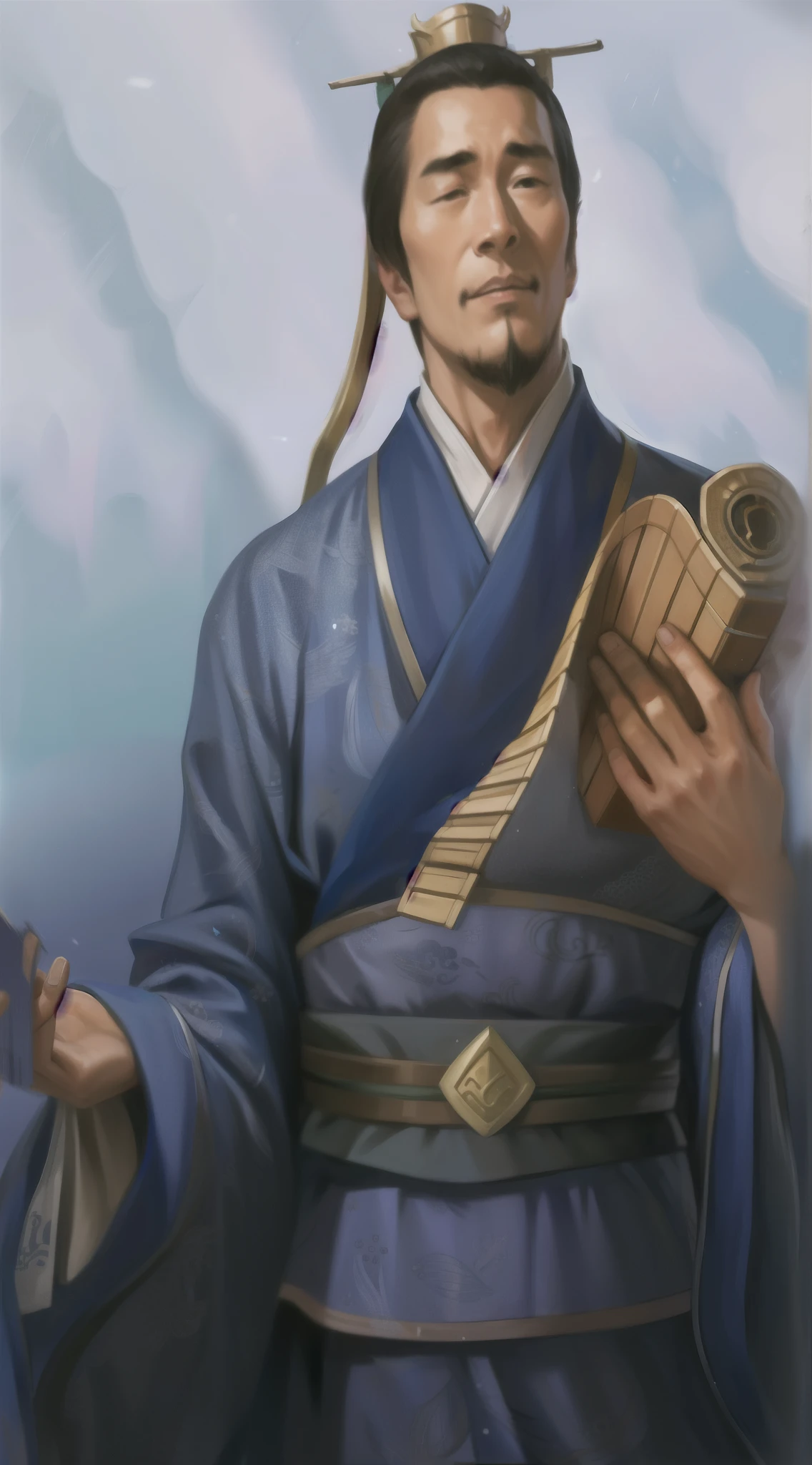 A man in a blue robe holds a basket and a book, Inspired by Fan Kuan, Inspired by Cao Zhibai, Inspired by Huang Shen, inspired by Wu Daozi, Inspired by Zhao Yuan, heise jinyao, Inspired by Dong Yuan, Inspired by Shen Zhou, Inspired by Shen Quan, Inspired by Hu Zaobin, Inspired by Li Kan