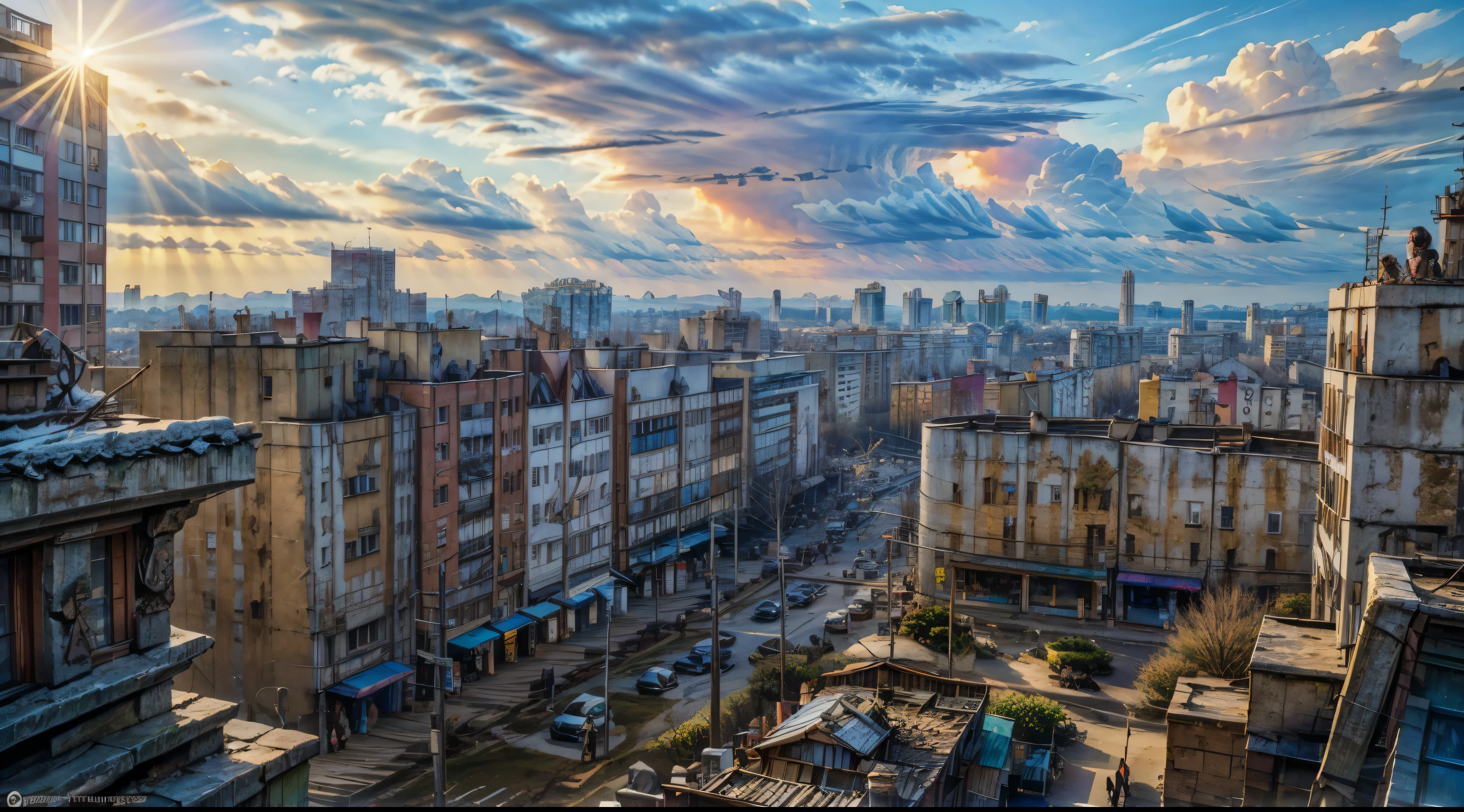 Minsk, bright picture, noone, cityscape, mountains, nature, clouds in the sky, sunset, a mediterranean phoenician fishing village in the distance, chalk cliffs above, highly detailed, cove, digital painting, artstation, concept art, sharp focus, art by artgerm and greg rutkowski and raphael lacoste and magali villene, city life, peaceful. bright sun, sun rays, cinematic, illustration, wide shot, from above, UHD, 8k, highres, best quality, award winning, high quality, high details, super detail, masterpiece