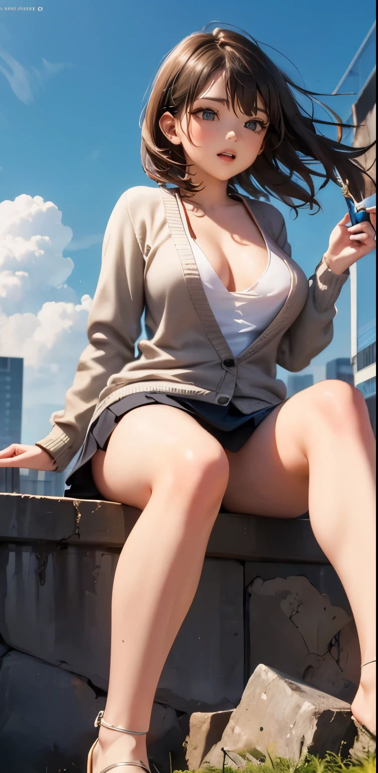 clear, high-definition image, drooping eyes, a receptionist woman, eyes realistic sizing, round body, dark colored cardigan, the wind brows up her miniskirt, windy, legs, big sky, ground, dark hour of down, whole body image, angle from below, posing, sitting stone bollard, lick gelato, cream on the nose, along the river, buildings, showing breasts a bit, big chest, open legs a little,