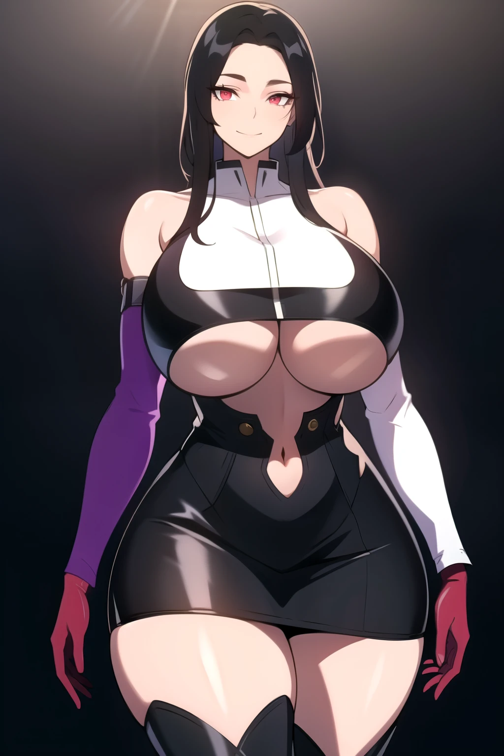 masterpiece, best quality, absurdres, 8k, perfect shadows,perfect lighting,hdr, cowboy shot,shiny skin,skindentation, beautiful body, kafka, ((black hair: 1.4)), long hair, (red eyes: 1.4), (crop top, (underboob : 1.1), elbow gloves, thigh boots, split skirt, bare shoulders, curvy, midriff, curvy, thighs, higheels, shiny clothes), complex detailed background, inside, luxury palace) (gigantic breasts,hourglass body, thin waist,very slim waist)extremely detailed face,detailed eye makeup, detail face, nice detailed eyes,nice hands, perfect hands (realistic pupils,realistic iris:1) heavy eye makeup,glowing eyes, Bright eyes,standing,standing at attention,(seductive smile), (gigantic breasts: 1.1) , curvy, cowboy shot,