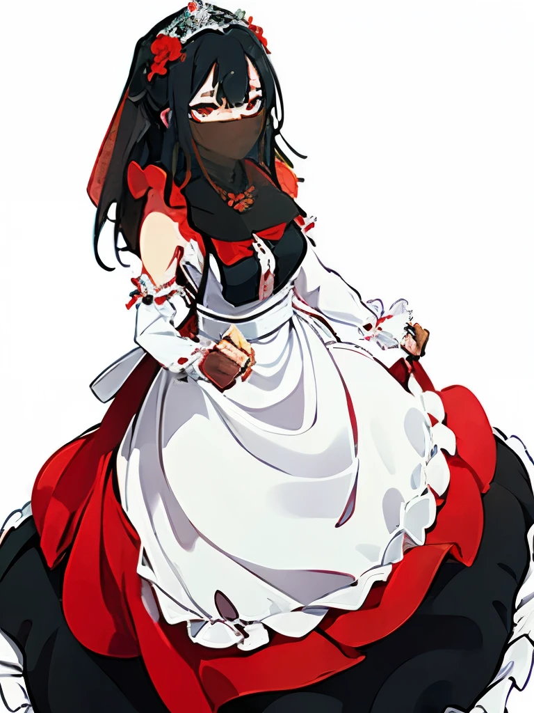 masterpiece　High resolution　Accuracy　girl　Bewitching　black hair　damaged hair　Red and black maid clothes　long skirt　lots of frills　white background　centered　No expression　full body photo　veil