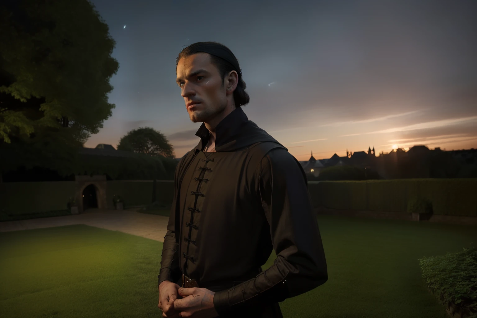 England, 1349. A young ((((32-year-old)) Ralph Fitzgerald)), intense eyes, ambitious, tall, athletic, traspassing into a garden, at ((nighttime)), ((evil expression)). ((((clothings from the 1340s)))), ((dark hairstyle of the 1340s))