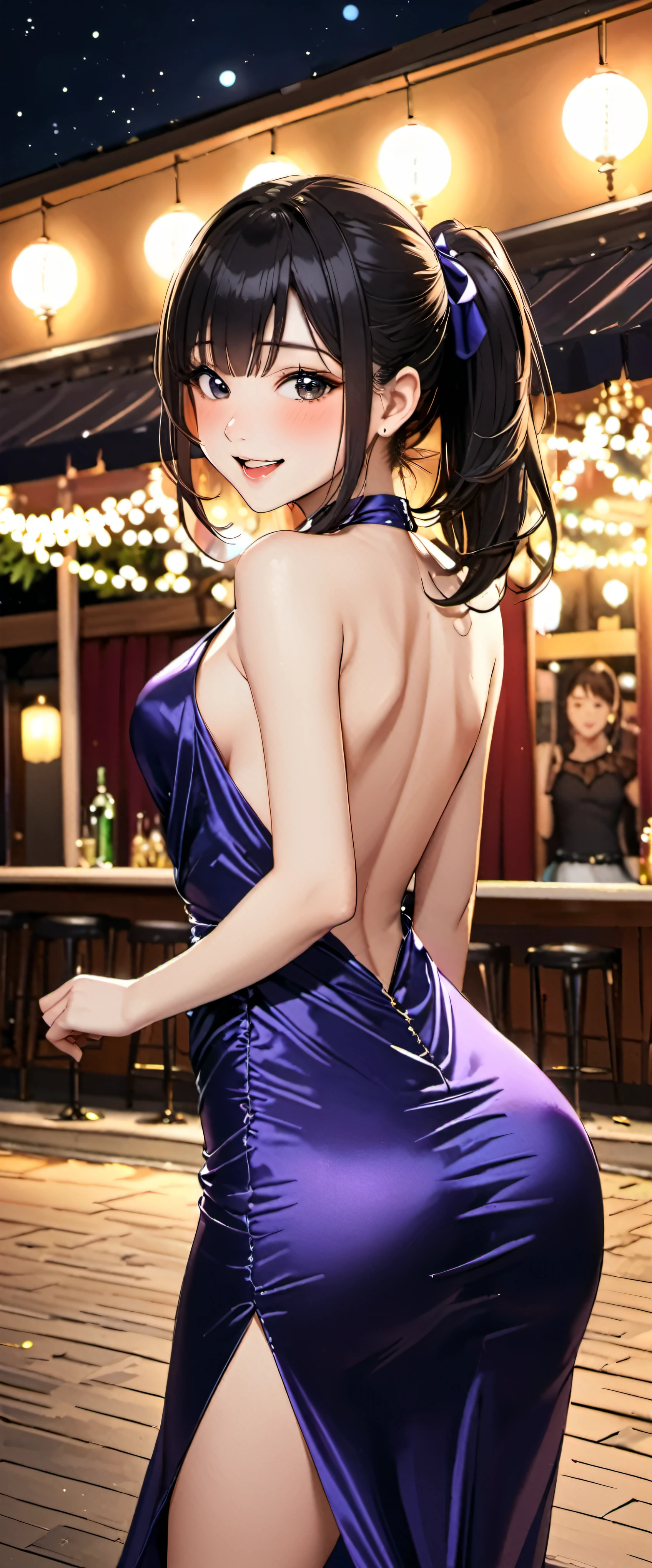 woman,20-year-old,,party venue,night,(((sexy silk dresses))),,open mouth smile((Beautiful ponytail))(),(()),((black hair)),blush、,((())),((turn around and look back))()Reflecting the buttocks