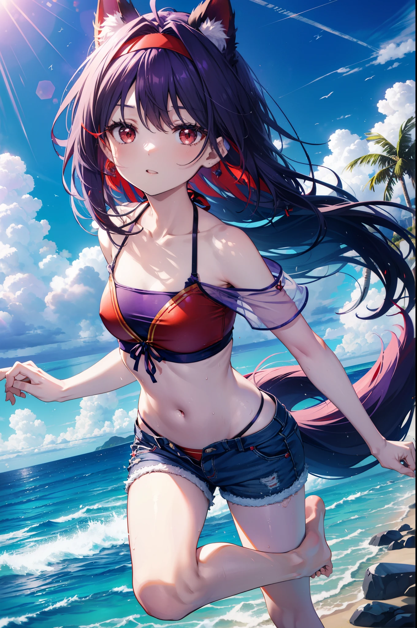 yuukikonno, Yuki Konno, hair band, long hair, pointed ears, purple hair, (red eyes:1.5), (small breasts:1.2), ,dog ears,animal ears　dog tail,Red Bikini Swimsuit,purple short sleeve hoodie　The front is open,,short denim pants,barefoot,barefoot,beach,sandy beach,Palm tree,Midsummer,Light of the sun,noon,
break looking at viewer, Upper body, full body,
break outdoors, beach,
break (masterpiece:1.2), highest quality, High resolution, unity 8k wallpaper, (figure:0.8), (beautiful deしっぽed eyes:1.6), extremely deしっぽed face, perfect lighting, extremely deしっぽed CG, (perfect hands, perfect anatomy),