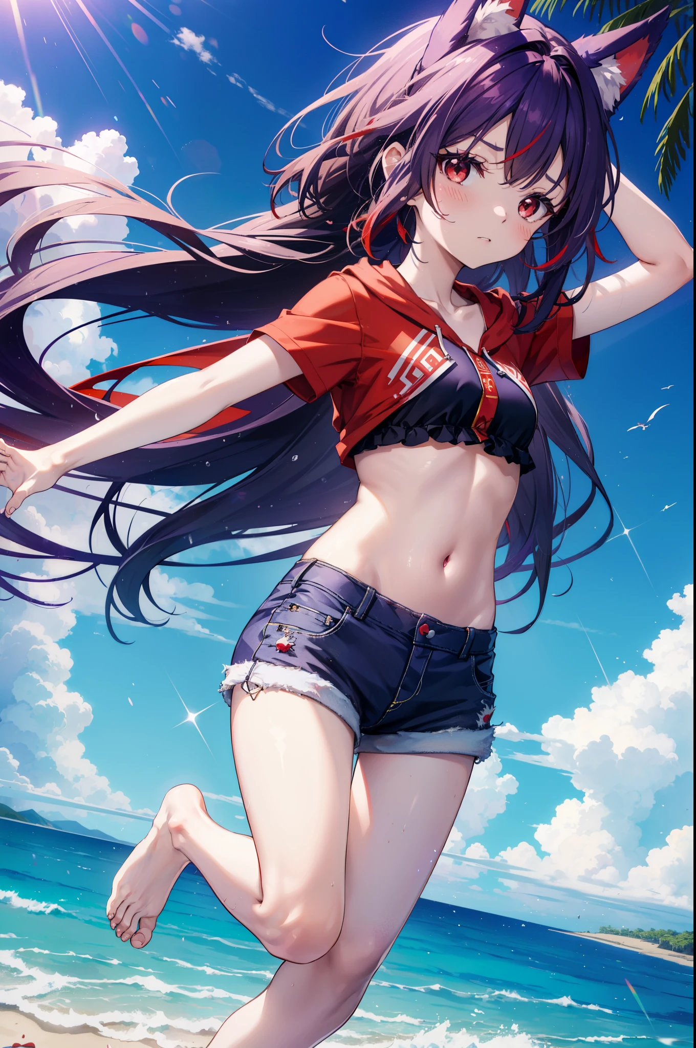 yuukikonno, Yuki Konno, hair band, long hair, pointed ears, purple hair, (red eyes:1.5), (small breasts:1.2), ,dog ears,animal ears　dog tail,Red Bikini Swimsuit,purple short sleeve hoodie　The front is open,,short denim pants,barefoot,barefoot,beach,sandy beach,Palm tree,Midsummer,Light of the sun,noon,
break looking at viewer, Upper body, full body,
break outdoors, beach,
break (masterpiece:1.2), highest quality, High resolution, unity 8k wallpaper, (figure:0.8), (beautiful deしっぽed eyes:1.6), extremely deしっぽed face, perfect lighting, extremely deしっぽed CG, (perfect hands, perfect anatomy),