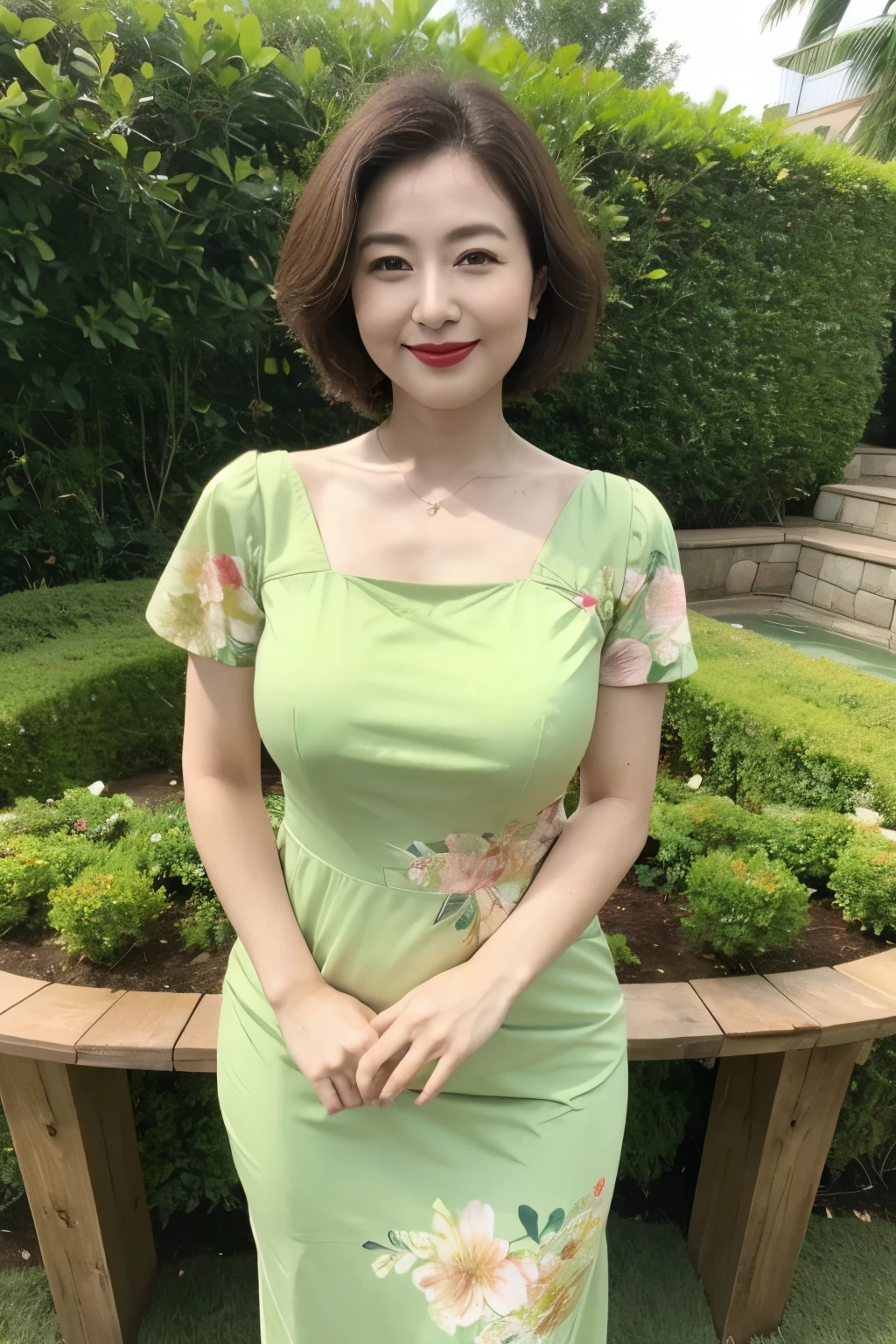 Draw lips correctly, red lipstick, from chest up, best quality, Super detailed, lifelike, Super fine skin, perfect anatomy, (1 日本Mature的女人), (alone),Wear a floral green round neck dress,short sleeve,short hair,37-year-old female,Mature,charming smile,garden background,stand,Slightly fat,Big breasts,full-body shot