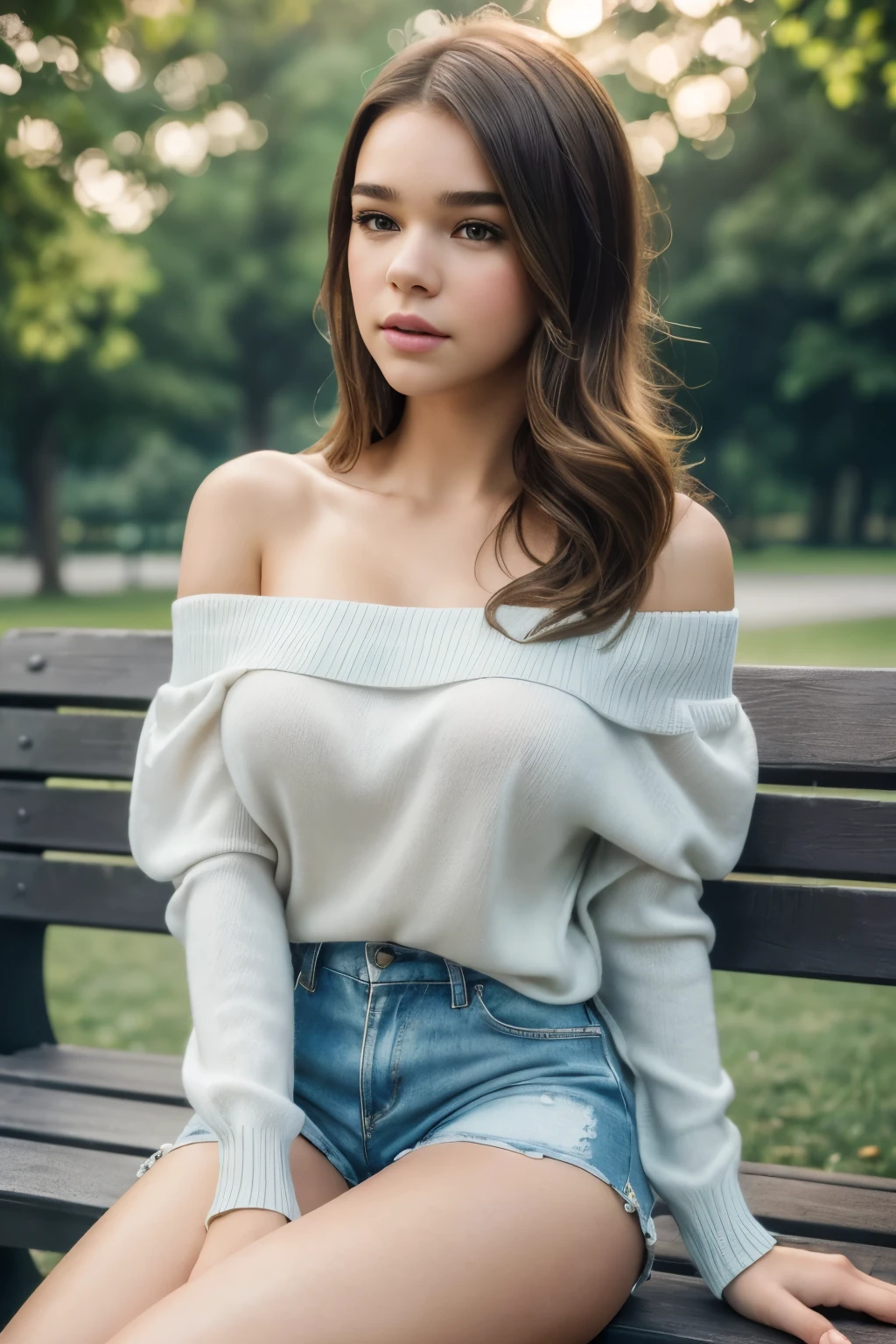 (Masterpiece, best quality, photorealistic, highres, professional photography, :1.4), close-up shot, sharp focus, (1 girl, Hailee Steinfeld), perfect hands and fingers, realistic skin, perfect body shape, large breasts, cleavage, (stylish hairstyle, extremely detailed hair), delicate sexy face, playful gaze, glossy lips, ((shorts, off-shoulder sweater)), sitting crossed legs on bench, in park, fashion photograph, film, bokeh, ((soft illumination, highly detailed, realistic, super realistic, realism, realistic detail))