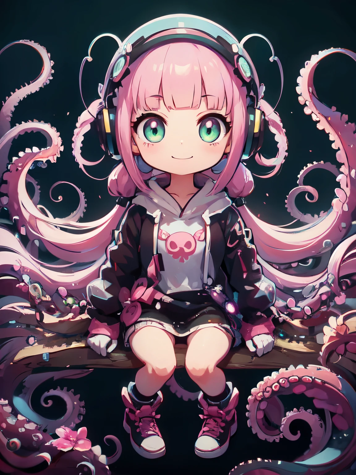 twin tails、white clothes、sneakers、cute、smile、cross-eyed、white long t-shirt、Octopus foot、tentacle、🐙、headphones🎧、pink hair、twin tails、blunt bangs、white hood、(high quality), (masterpiece), (be familiar with), 8K, surreal depiction of the future (1 girl 1.2), サイバネティックなタコのtentacleに絡み合った日本のキャラクター、A dynamic fusion of organic and technical elements is captured in this visually stunning composition Green Eye、