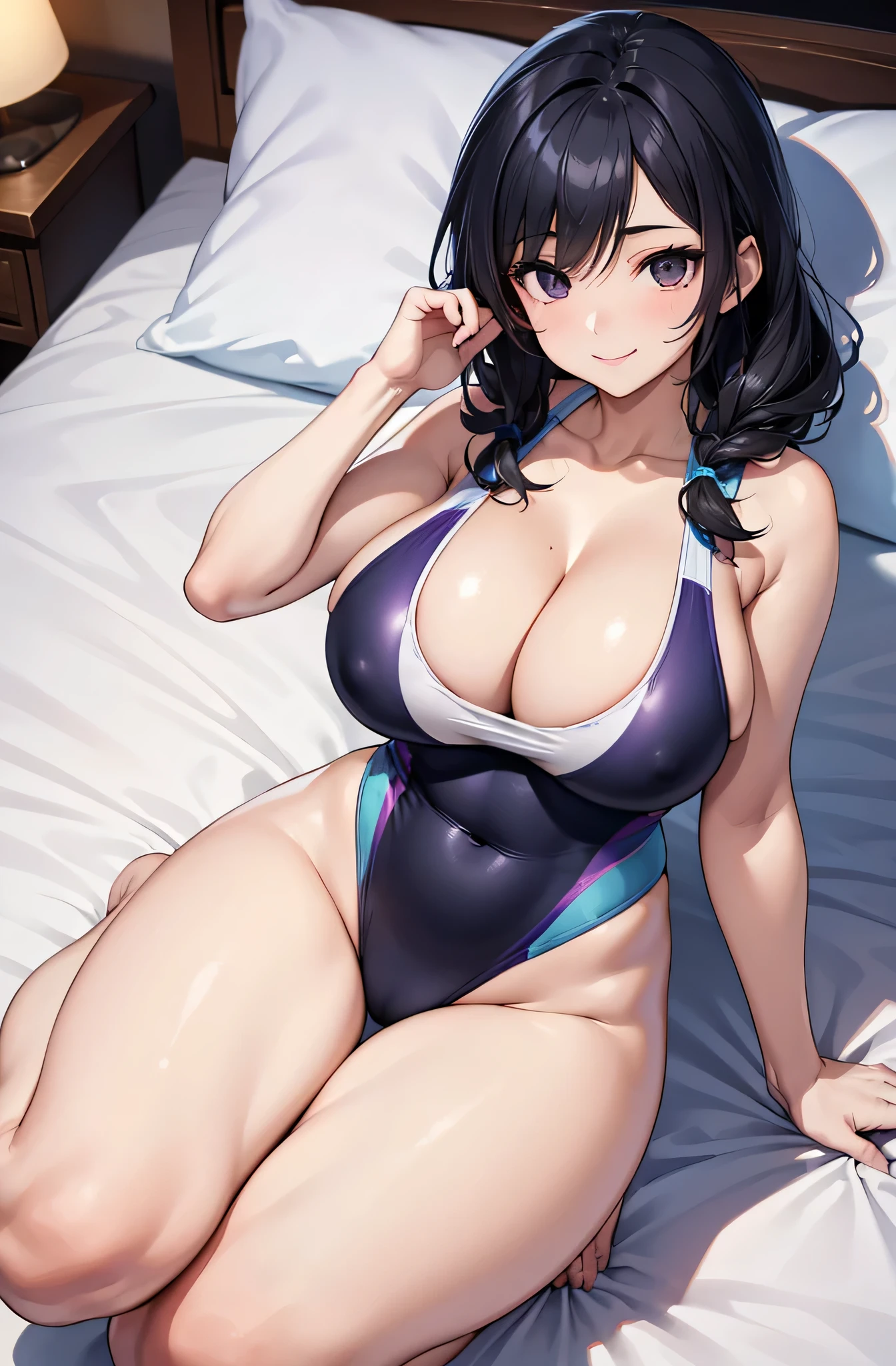(1girl:1.5),armpits,(on back:1.5),(bed room:1.5),(Smile Beam:1.5),(full body:1.8),((huge breasts:1.8)),(huge saggy breasts:1.5), ((cleavage:1.5)),((purple and blue competition swimsuit:1.5)),((High leg:1.5), 40 years old,masterpiece,hyper quality, very detailed,perfect picture,3D,8k,High resolution,seductive anime girl, medium hair:1.3,black hair,(black eye:1.5),sporty hairstyle,Smooth anime CG art,