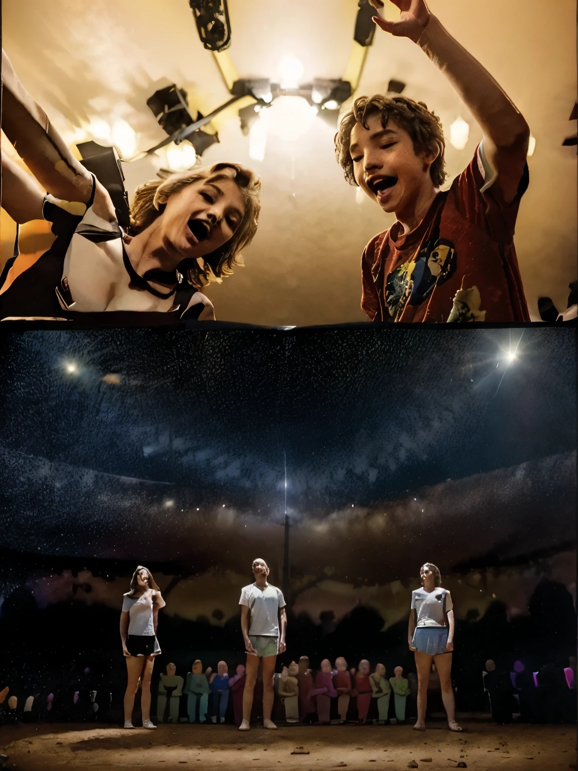 Make a picture of the atmosphere of a stand up comedy performance in an open space
featuring 2 age boys and 1 middle-aged girl
showing a funny scene, while around him consisting of children, teens and parents watched the show
with a happy expression.