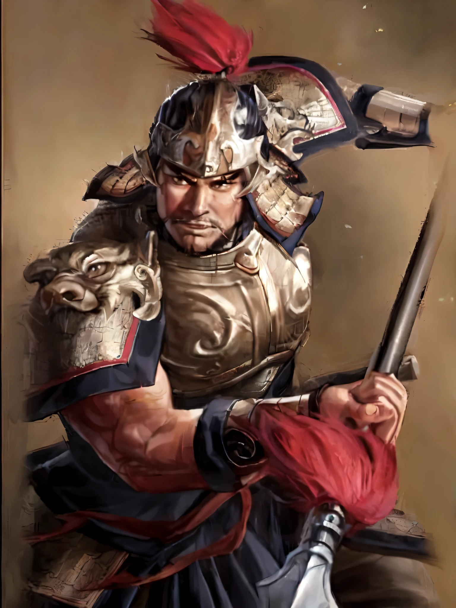 A painting of a man in armor holding a sword and a dog, Chinese warrior, Guan yu, , Mongol, Inspired by Hu Zaobin, zhao yun, Three Kingdoms of China, photo of adult male warrior, inspired by Li Gonglin, Inspired by Li Kan, Inspired by Fan Kuan, bian lian