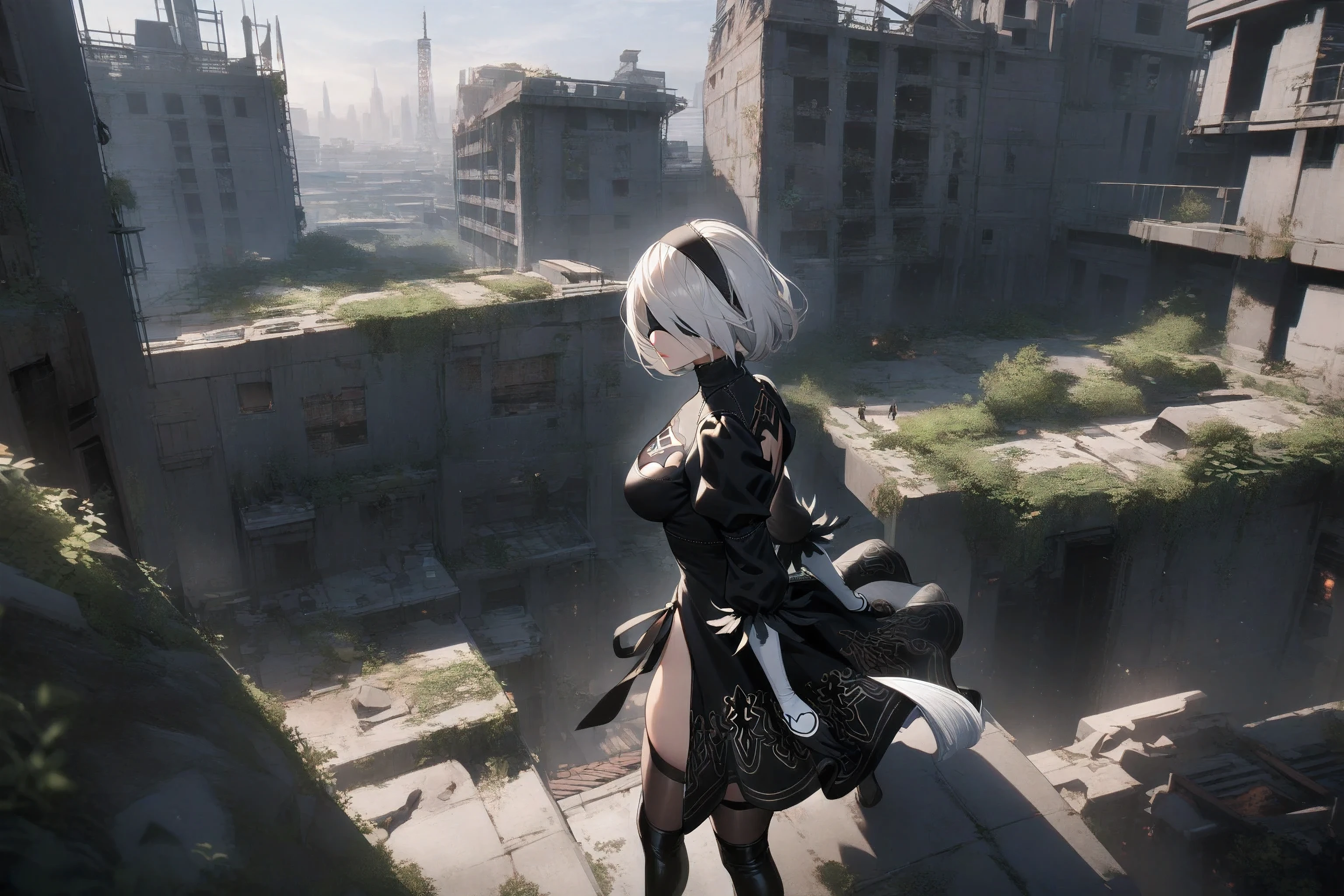 1girl,2b \(nier:automata\), nier \(series\)blindfolded,looking away,at rooftop,apocalypse city overrun by vegetation,masterpiece