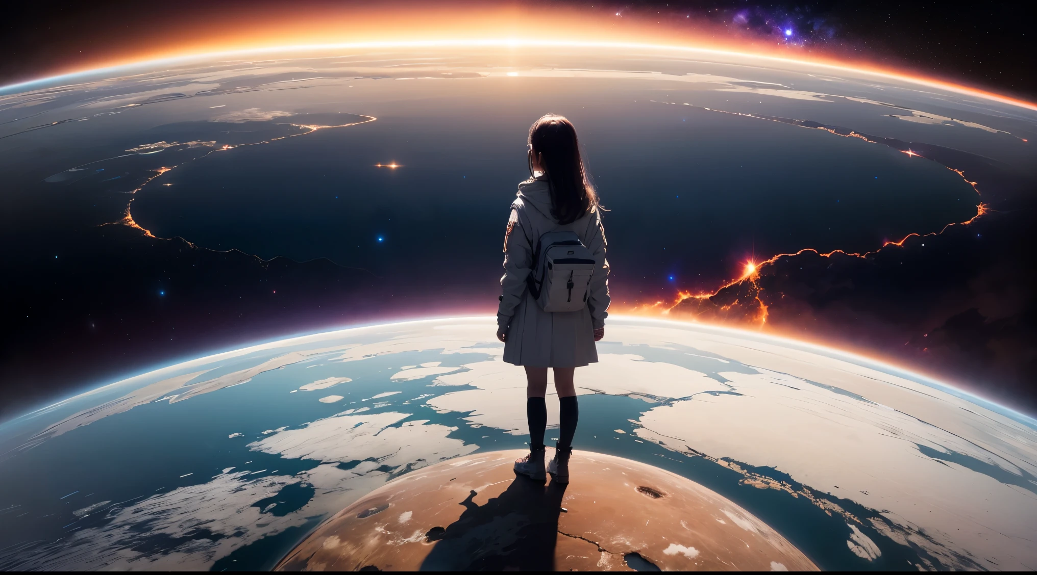 A girl stands on the edge of a spectacular space station, Looking down at the curved surface of the earth, dazzling stars of the milky way々but、Draw a majestic panoramic view in the background。, Fusing the grandeur of the universe with human existence.
