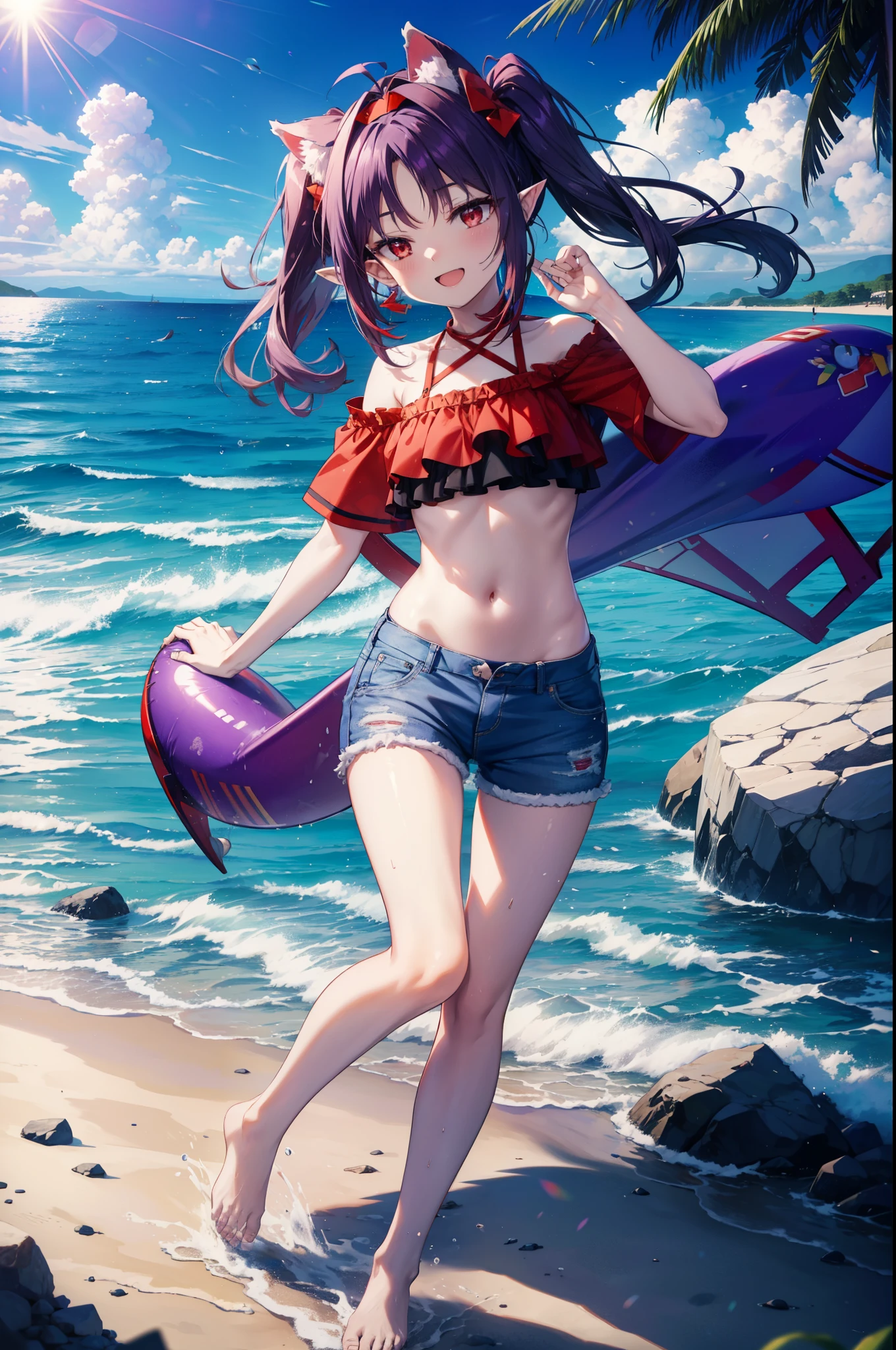 yuukikonno, Yuki Konno, hair band, long hair, pointy ears, purple hair, (red eyes:1.5),happy smile, smile, open your mouth, Are standing,
From above, (small breasts:1.2), ,dog ears,animal ears　dog tail,Red Bikini Swimsuit,purple short sleeve hoodie　Front open,,short denim pants,barefoot,barefoot,beach,sandy beach,Palm tree,Midsummer,Light of the sun,noon,
break looking at viewer, Upper body, full body,
break outdoors, beach,
break (masterpiece:1.2), highest quality, High resolution, unity 8k wallpaper, (shape:0.8), (beautiful deしっぽed eyes:1.6), extremely deしっぽed face, perfect lighting, extremely deしっぽed CG, (perfect hands, perfect anatomy),