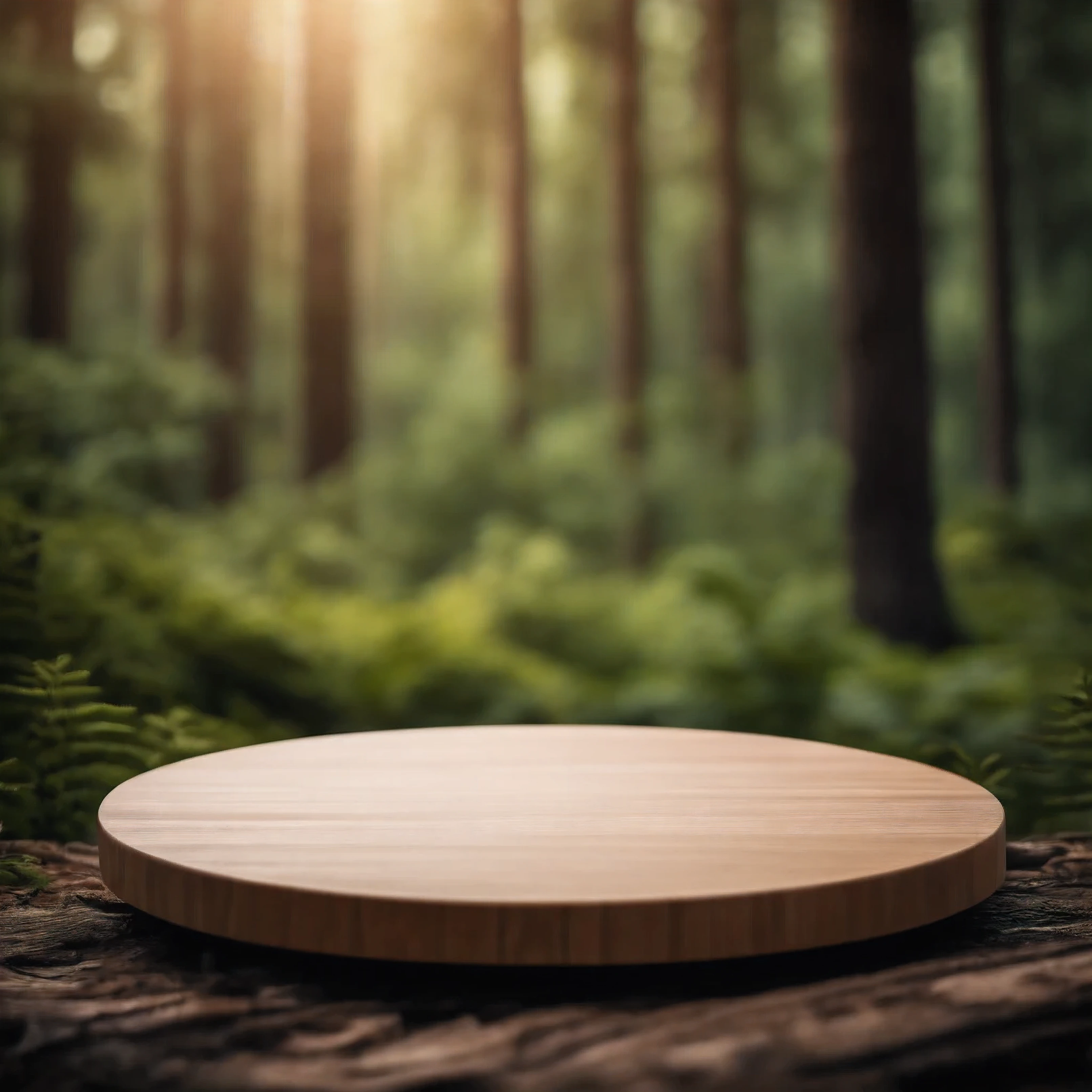 wooden podium scene of wooden disc shape mockup with forest background