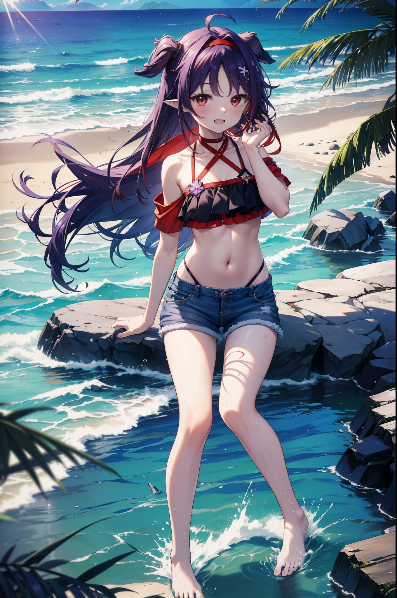 yuukikonno, Yuki Konno, hair band, long hair, pointy ears, purple hair, (red eyes:1.5),happy smile, smile, open your mouth, Are standing,
From above, (small breasts:1.2), ,dog ears,animal ears dog tail,Red Bikini Swimsuit,purple short sleeve hoodie Front open,,short denim pants,barefoot,barefoot,beach,sandy beach,Palm tree,Midsummer,Light of the sun,noon,
break looking at viewer, Upper body, full body,
break outdoors, beach,
break (masterpiece:1.2), highest quality, High resolution, unity 8k wallpaper, (shape:0.8), (beautiful deしっぽed eyes:1.6), extremely deしっぽed face, perfect lighting, extremely deしっぽed CG, (perfect hands, perfect anatomy),
