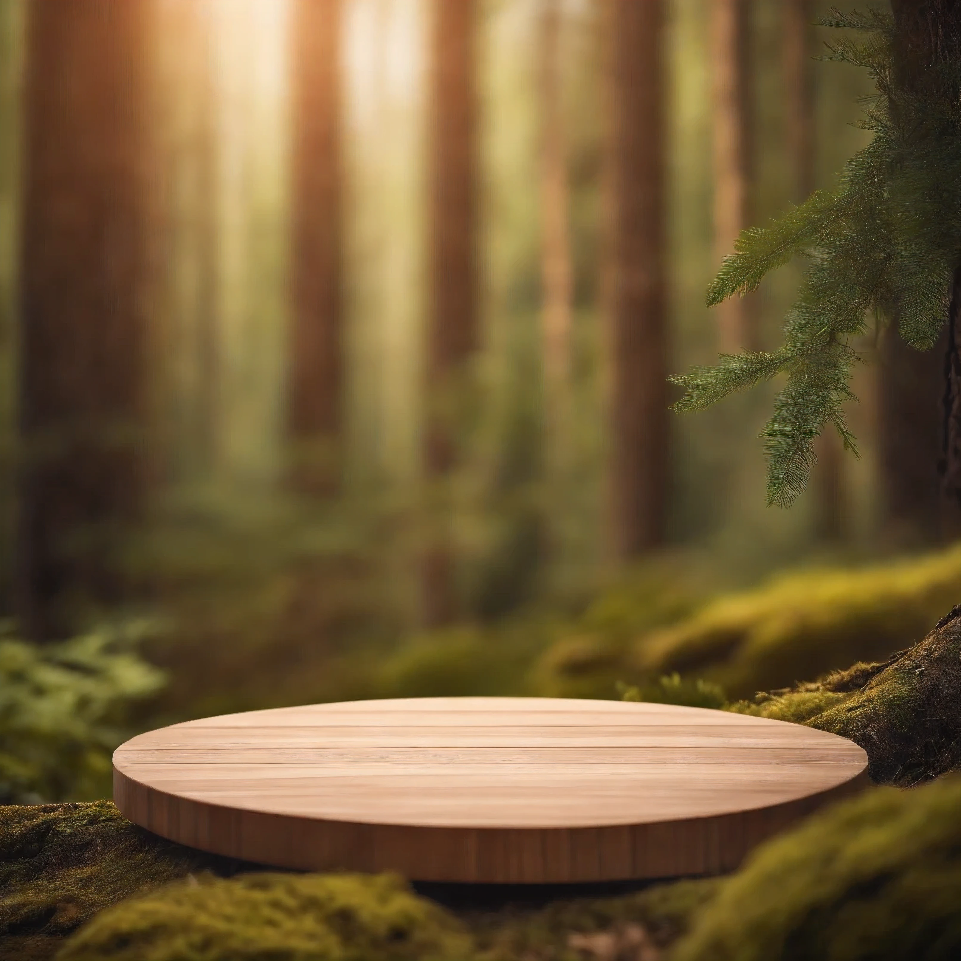 wooden podium scene of wooden disc shape mockup with forest background , JPG