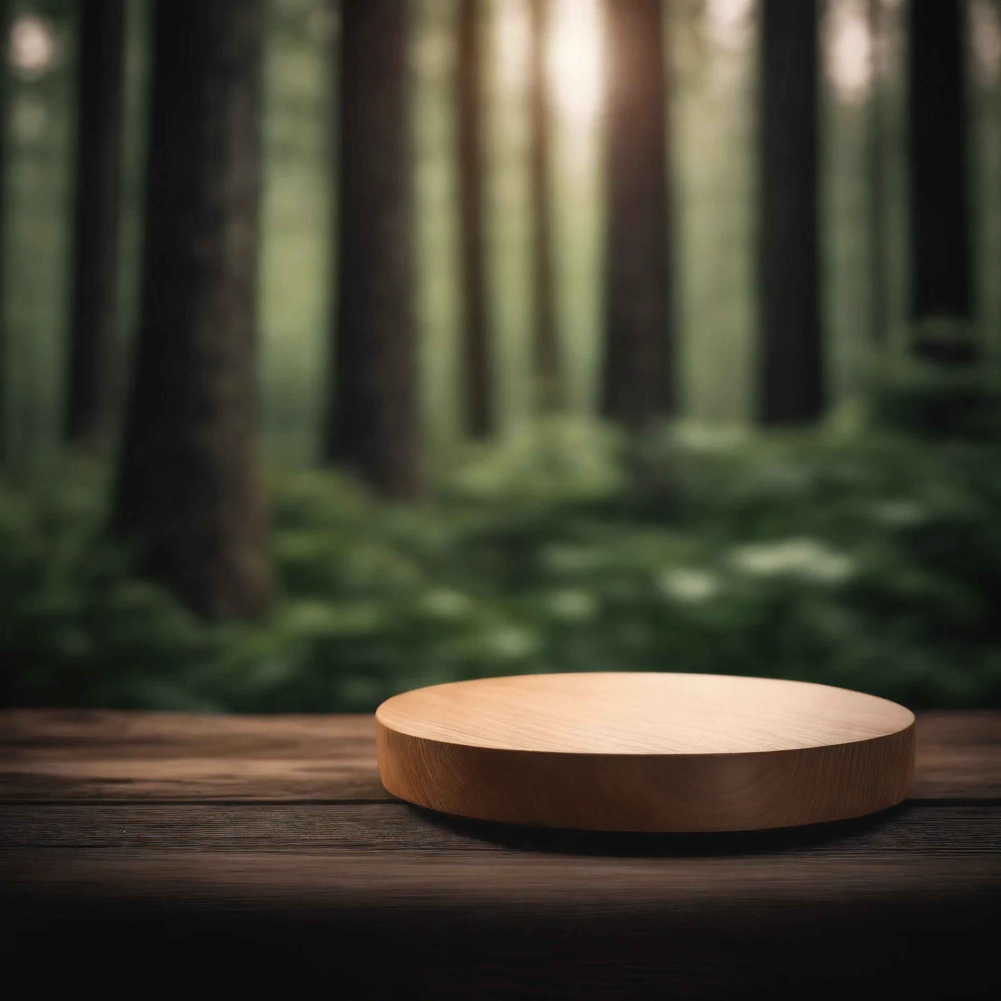 wooden podium scene of wooden disc shape mockup with forest background , JPG