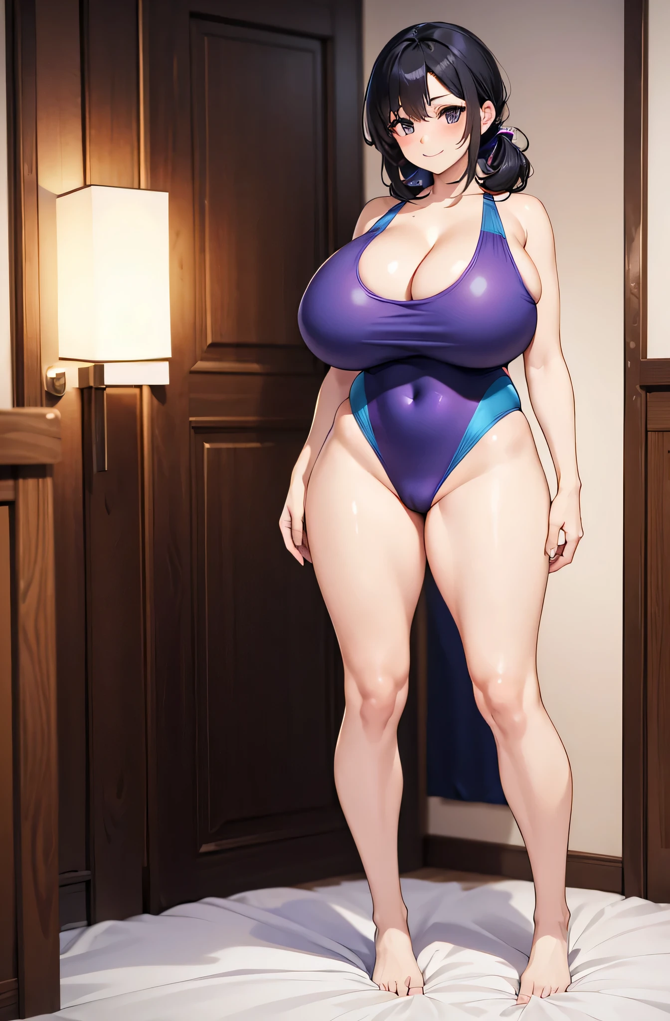 (1girl:1.5),armpits,(on back:1.5),(bed room:1.5),(Smile Beam:1.5),(full body:2.0),((huge breasts:1.8)),(huge saggy breasts:1.8), ((cleavage:1.5)),((purple and blue competition swimsuit:1.5)),((High leg:1.5), 40 years old,masterpiece,hyper quality, very detailed,perfect picture,3D,8k,High resolution,seductive anime girl, medium hair:1.3,black hair,(black eye:1.5),sporty hairstyle,Smooth anime CG art,