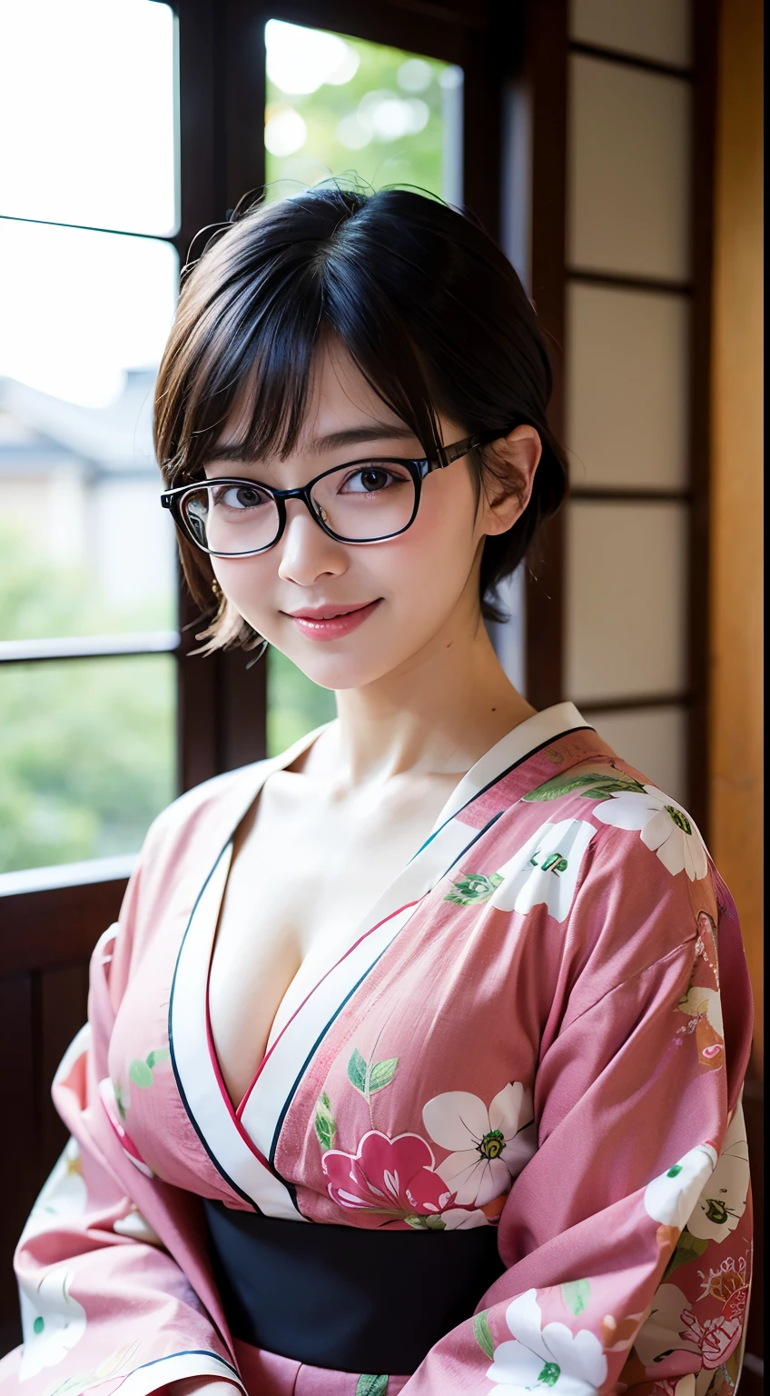 highest quality, masterpiece, ultra high resolution, (realistic:1.4), Raw photo, very detailed, perfect anatomy, 1 girl, , most popular japanese idols, Wearing a luxurious Japanese kimono and cute designed glasses, innocent smile, Sitting straight in a traditional Japanese room,  Very cute baby face like Japan&#39;s most famous idol, Amazingly beautiful big black and round eyes, very beautiful realistic skin, very beautiful black hair short cut, very beautiful big breasts, Detailed luxurious Japanese kimono, Cute glasses with detailed design, detailed beautiful face, fine eyes, Detailed and realistic skin, fine black short cut hair, Traditional Japanese room with attention to detail