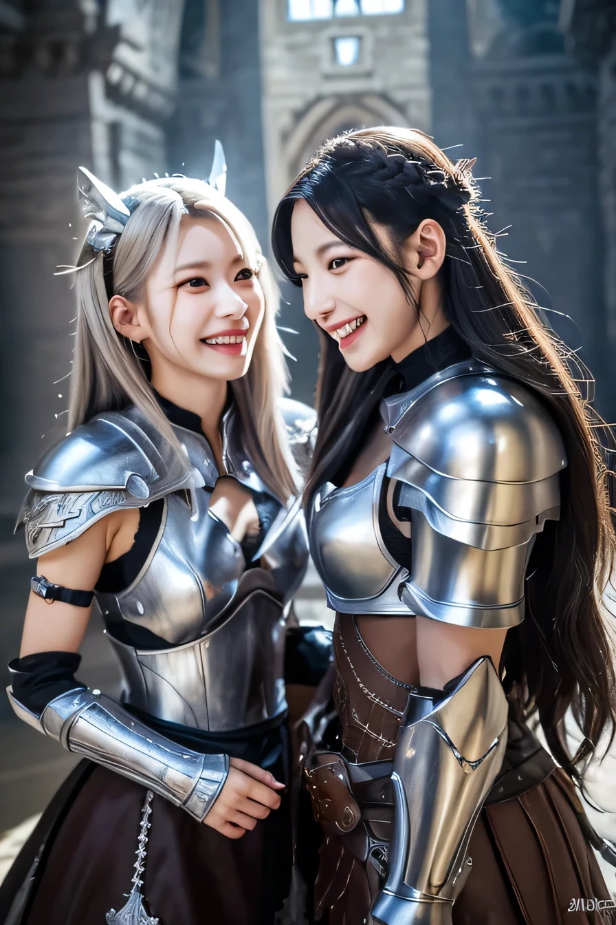 Color light resolution, 4k, masterpiece: 1.3), two beautiful women chatting、luxurious silver armor、Dragon Helm、 women pictures, sexy, fine eyes, slender body shape, realistic teeth, double eyelid, full body, highest quality, get used to it, equipped with armor, in a fantasy world, The background is a castle、black hair、ear piercing、smile、beautiful teeth、open your mouth、full body photo、、Has a weapon