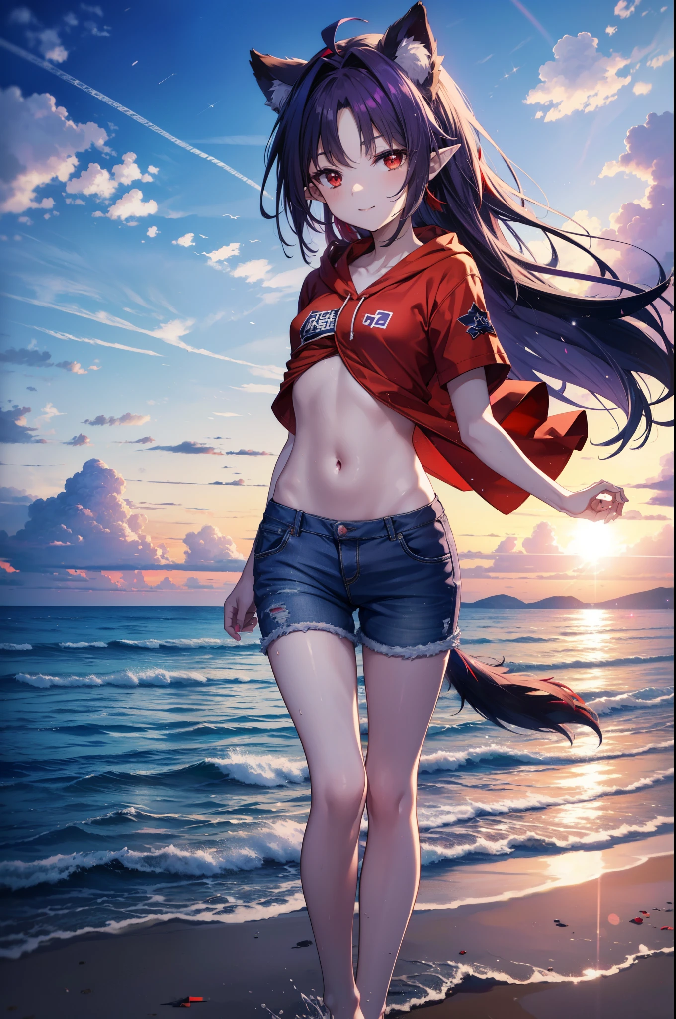 yuukikonno, Yuki Konno, hair band, long hair, pointy ears, purple hair, (red eyes:1.5),happy smile, smile, open your mouth, Are standing,
From above, (small breasts:1.2), ,dog ears,animal ears　dog tail,Red Bikini Swimsuit,purple short sleeve hoodie　Front open,,short denim pants,barefoot,barefoot,beach, sandy beach,Palm tree,Midsummer,Light of the sun,noon,
break looking at viewer, Upper body, full body,
break outdoors, beach,
break (masterpiece:1.2), highest quality, High resolution, unity 8k wallpaper, (shape:0.8), (beautiful deしっぽed eyes:1.6), extremely deしっぽed face, perfect lighting, extremely deしっぽed CG, (perfect hands, perfect anatomy),