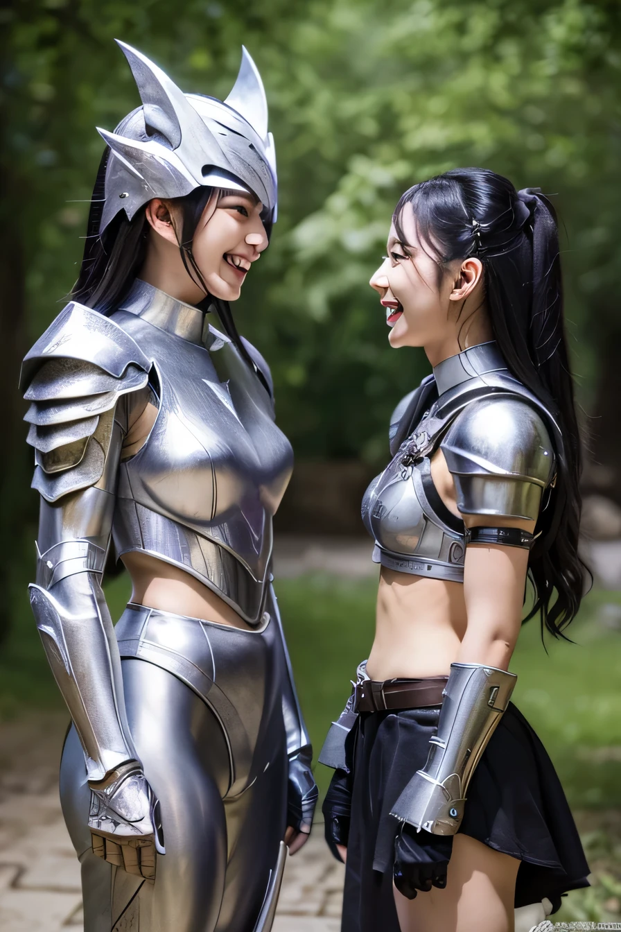 high resolution, 4k, masterpiece: 1.3), two beautiful women chatting、luxurious silver armor、Dragon Helm、 women pictures, sexy, fine eyes, slender body shape, realistic teeth, double eyelid, full body, highest quality, get used to it, equipped with armor, in a fantasy world, The background is a castle、black hair、ear piercing、smile、beautiful teeth、open your mouth、full body photo、、I have a weapon information

