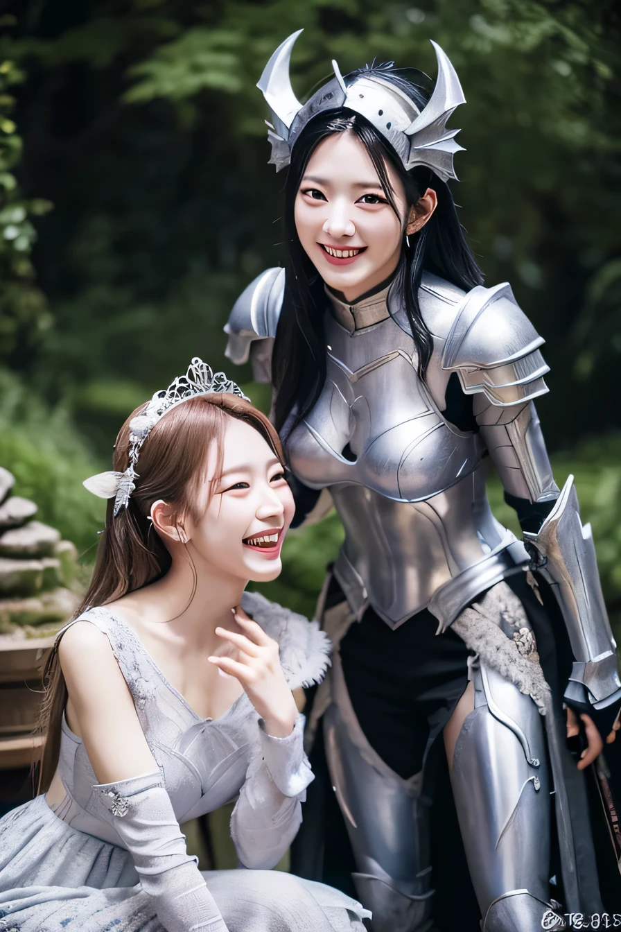 highest resolution, 4k, masterpiece: 1.3), two beautiful women chatting、luxurious silver armor、Dragon Helm、 women pictures, sexy, fine eyes, slender body shape, realistic teeth, double eyelid, full body, highest quality, get used to it, equipped with armor, in a fantasy world, The background is a castle、black hair、ear piercing、smile、beautiful teeth、open your mouth、full body photo、、Has a weapon