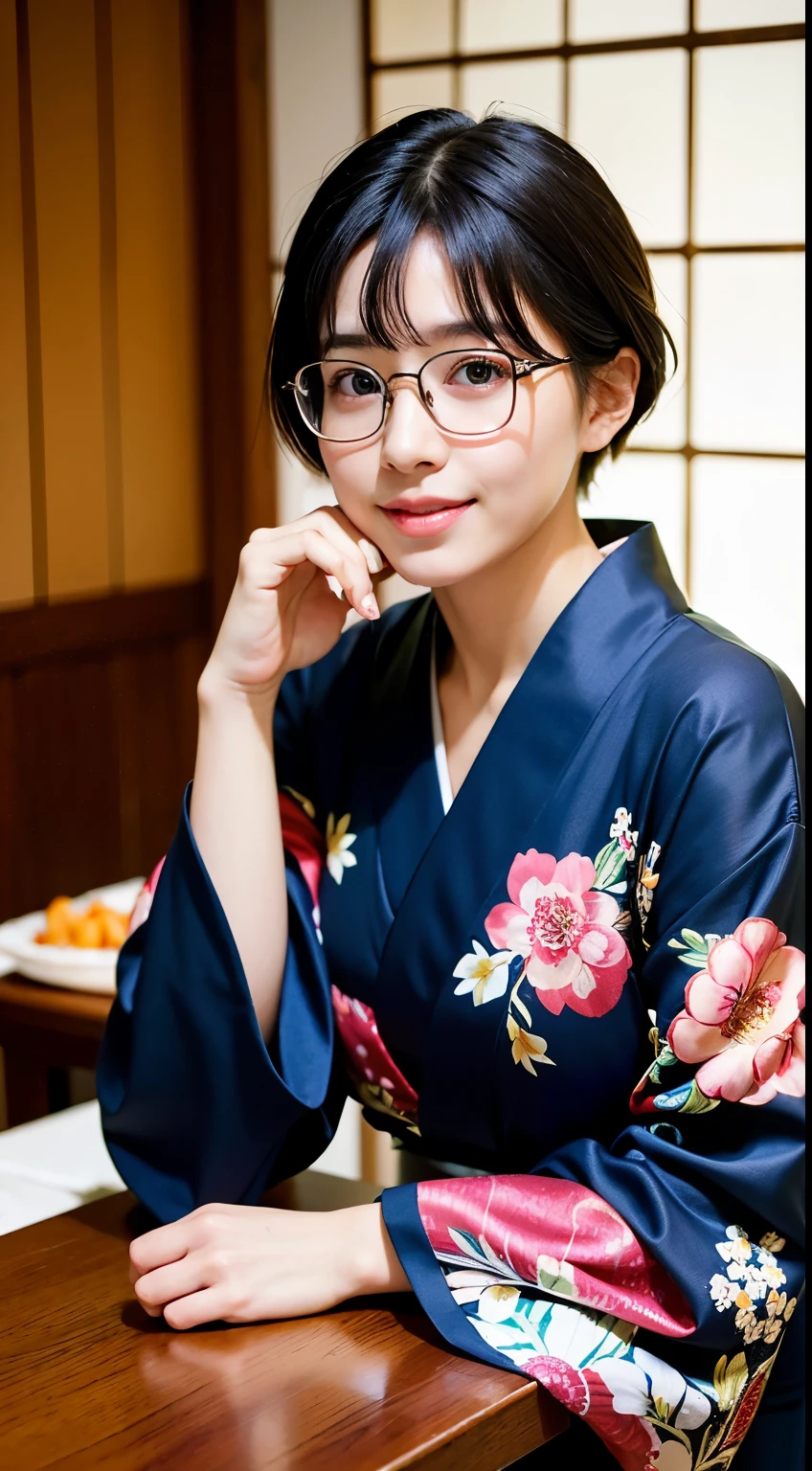 highest quality, masterpiece, ultra high resolution, (realistic:1.4), Raw photo, very detailed, perfect anatomy, 1 girl, 15 years old, most popular japanese idols, Wearing a luxurious Japanese kimono and cute designed glasses, innocent smile, Sitting straight in a traditional Japanese room,  Very cute baby face like Japan&#39;s most famous idol, Amazingly beautiful big black and round eyes, very beautiful realistic skin, very beautiful black hair short cut, very beautiful big breasts, Detailed luxurious Japanese kimono, Cute glasses with detailed design, detailed beautiful face, fine eyes, Detailed and realistic skin, fine black short cut hair, Traditional Japanese room with attention to detail