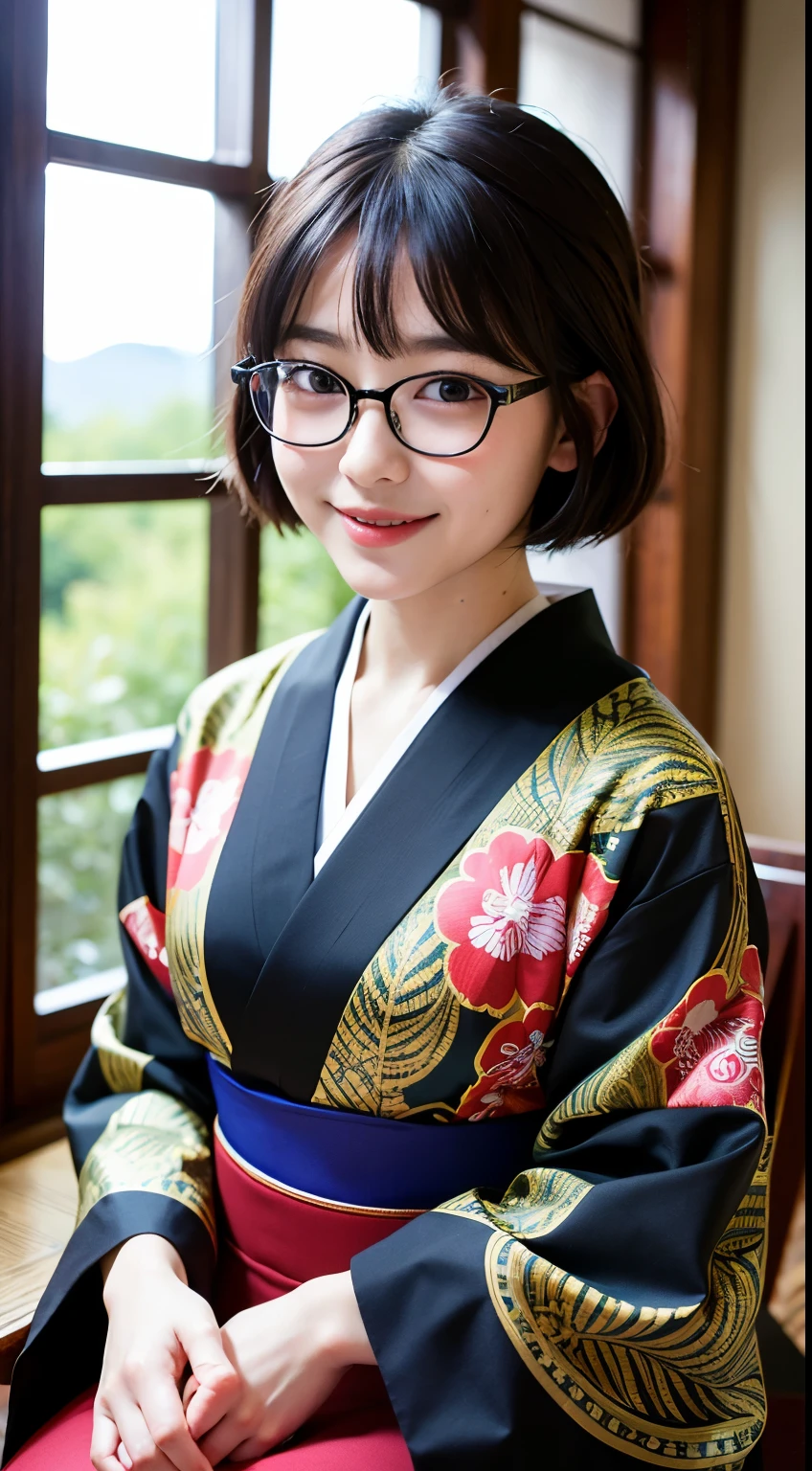 highest quality, masterpiece, ultra high resolution, (realistic:1.4), Raw photo, very detailed, perfect anatomy, 1 girl, , most popular japanese idols, Wearing a luxurious Japanese kimono and cute designed glasses, innocent smile, Sitting straight in a traditional Japanese room, Very cute baby face like Japan's most famous idol, Amazingly beautiful big black and round eyes, very beautiful realistic skin, very beautiful black hair short cut, very beautiful big breasts, Detailed luxurious Japanese kimono, Cute glasses with detailed design, detailed beautiful face, fine eyes, Detailed and realistic skin, fine black short cut hair, Traditional Japanese room with attention to detail
